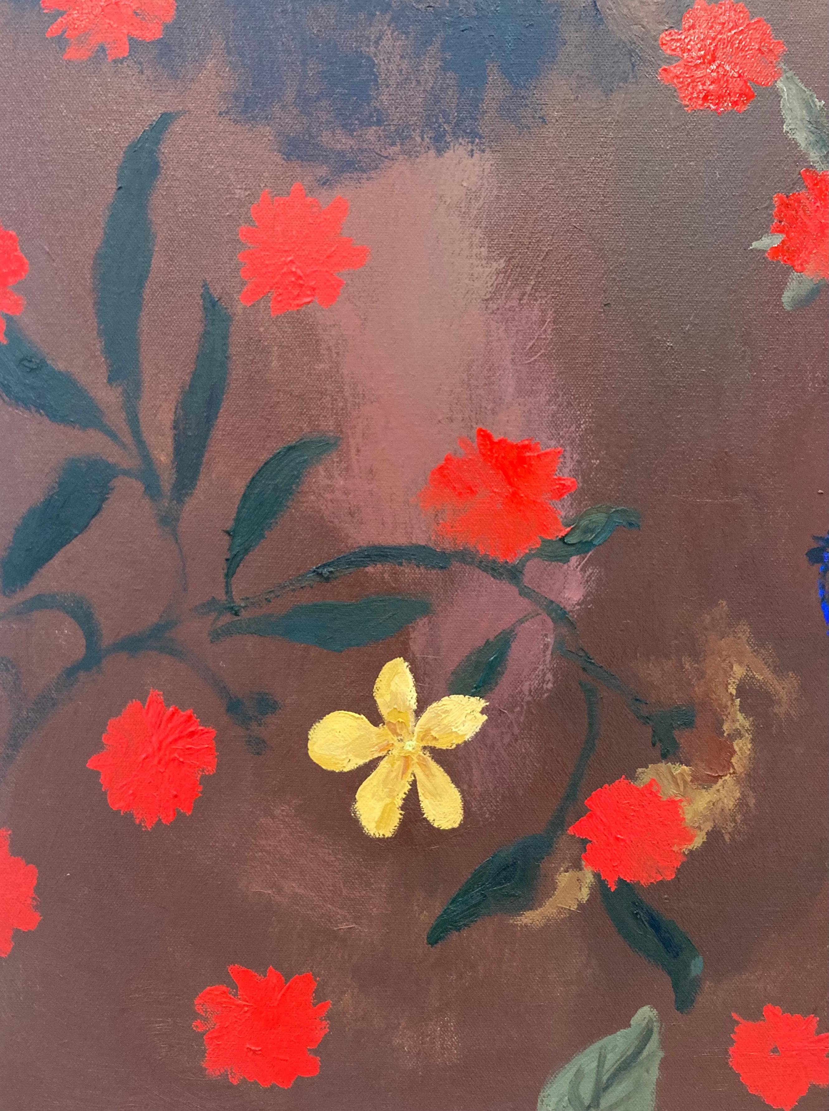 Dewy Wine - Red Yellow Flowers Tree Botanical Bird Mauve Painting, 2022 For Sale 5