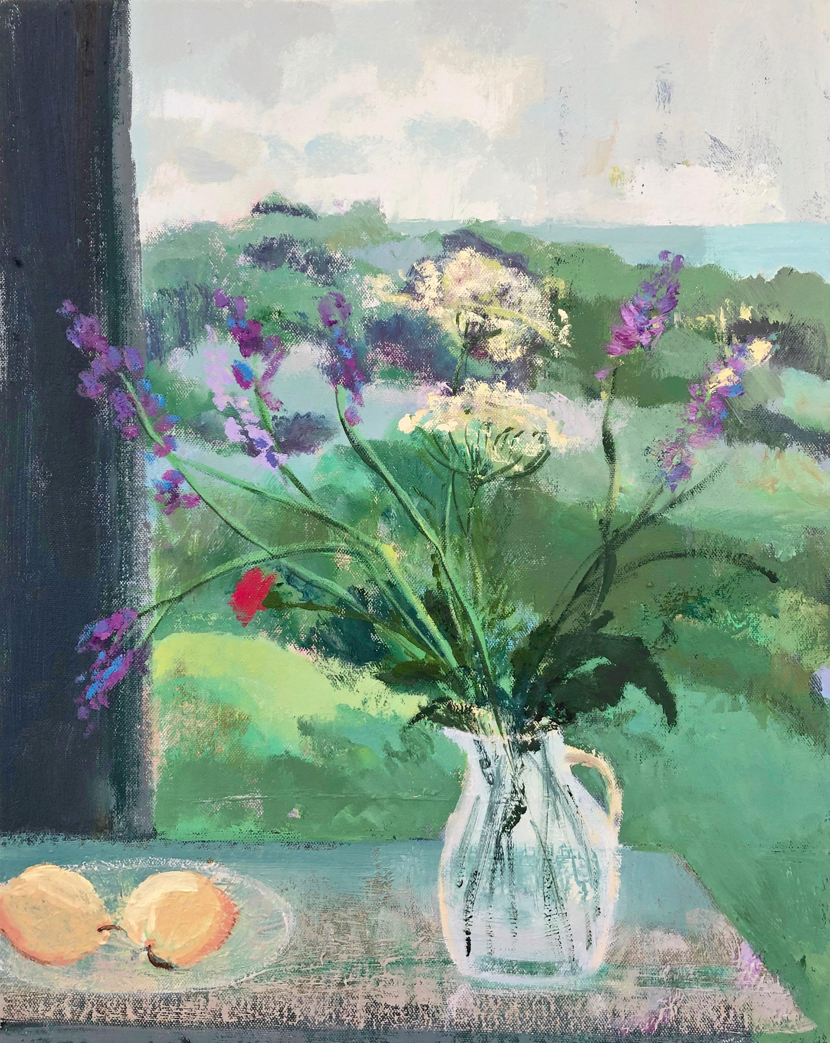 Melanie Parke Still-Life Painting - Emerald Hill, green and purple still life painting oil on canvas 