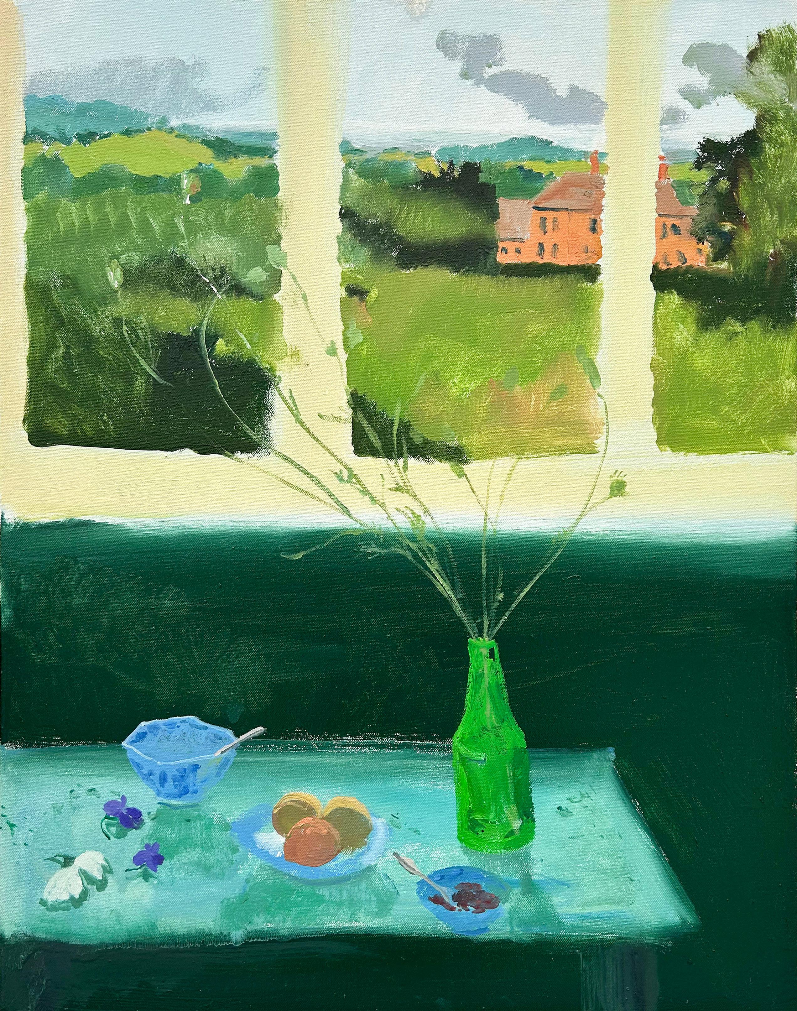 Melanie Parke Landscape Painting – Emerald Manner - Contemporary Still Life Flowers Fruit Landscape Green, 2024