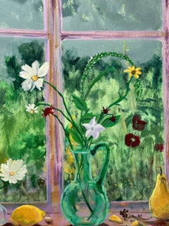 Lluvia Esmeralda - Bodegón Contemporáneo Flores Frutas Paisaje Verde, 2024