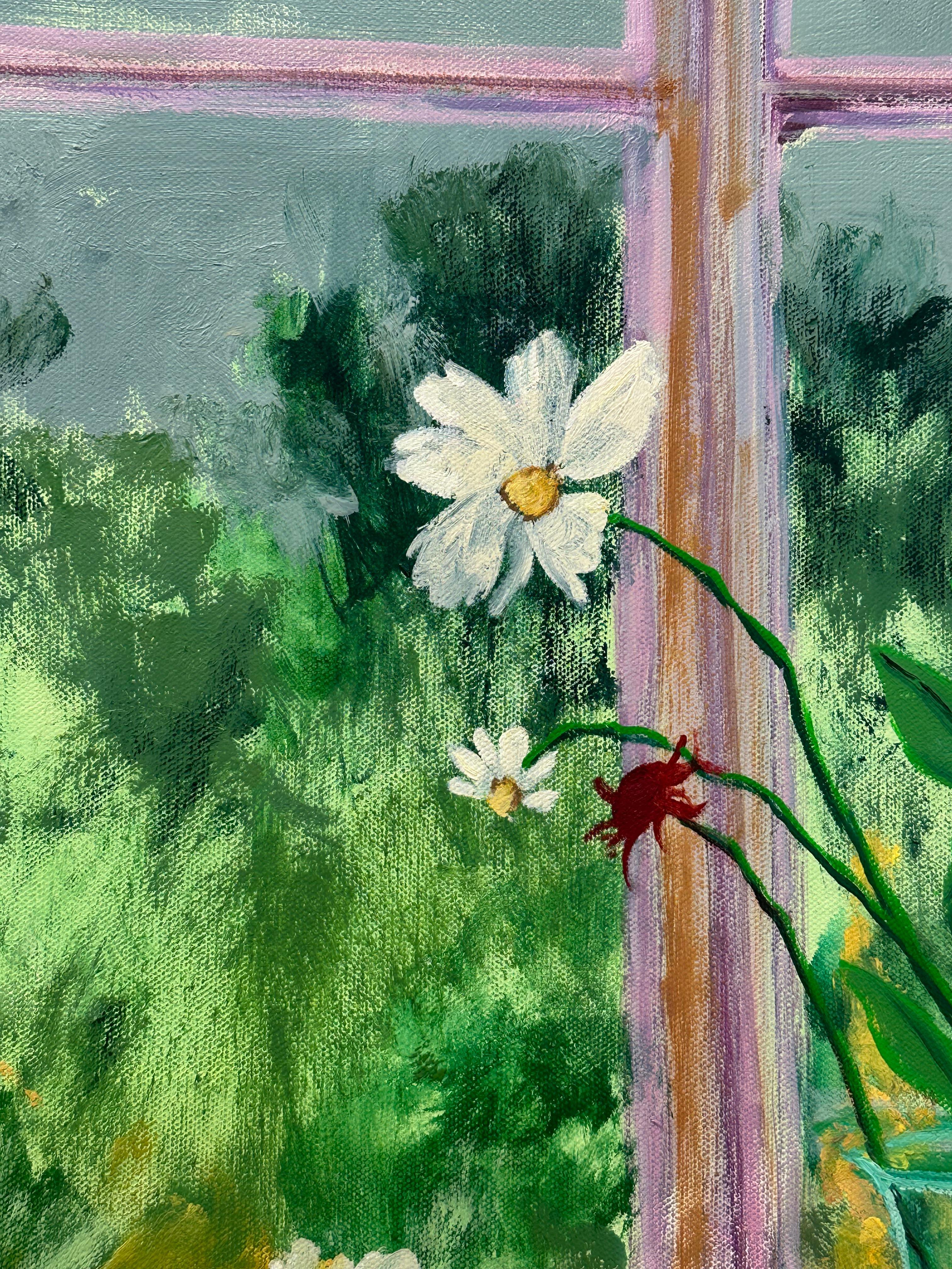 Emerald Rain - Contemporary Still Life Flowers Fruit Landscape Green, 2024 - Gris Still-Life Painting par Melanie Parke