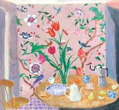 Evening Rose, Interior Painting Botanical Still Life, Pink, Orange Tulips, Pears