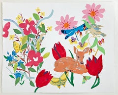 Fawn, Painting of Pink, Red Flowers, Birds, Butterfly, Deer on White Background