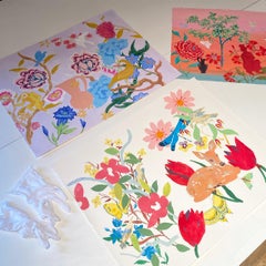 Fawn - Animal Painting Pink Red Yellow Blue Flowers Birds Butterfly Deer, 2021