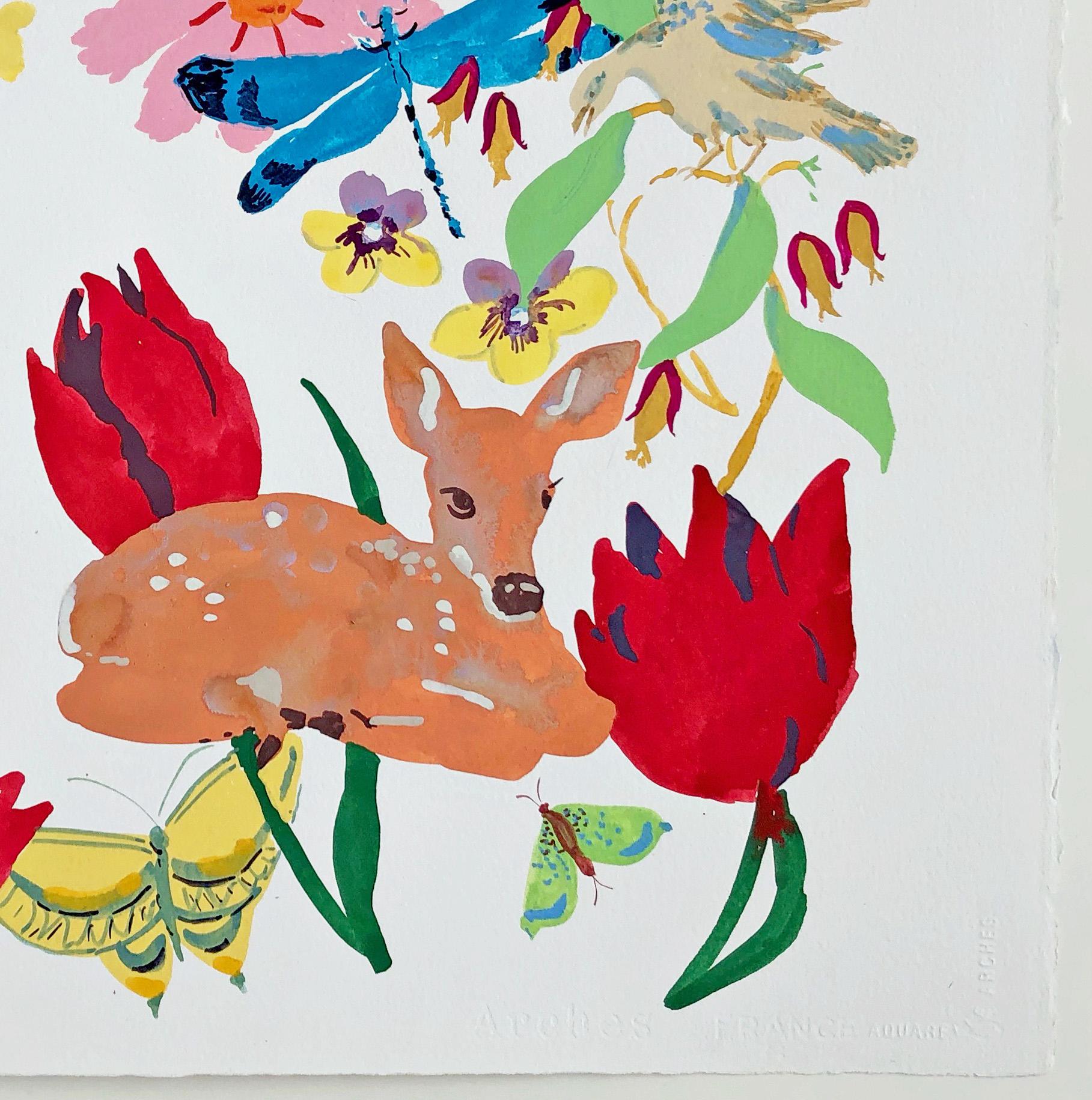 Fawn, Pink, Red, Yellow Flowers, Pansies, Birds, Butterfly, Deer on White For Sale 4
