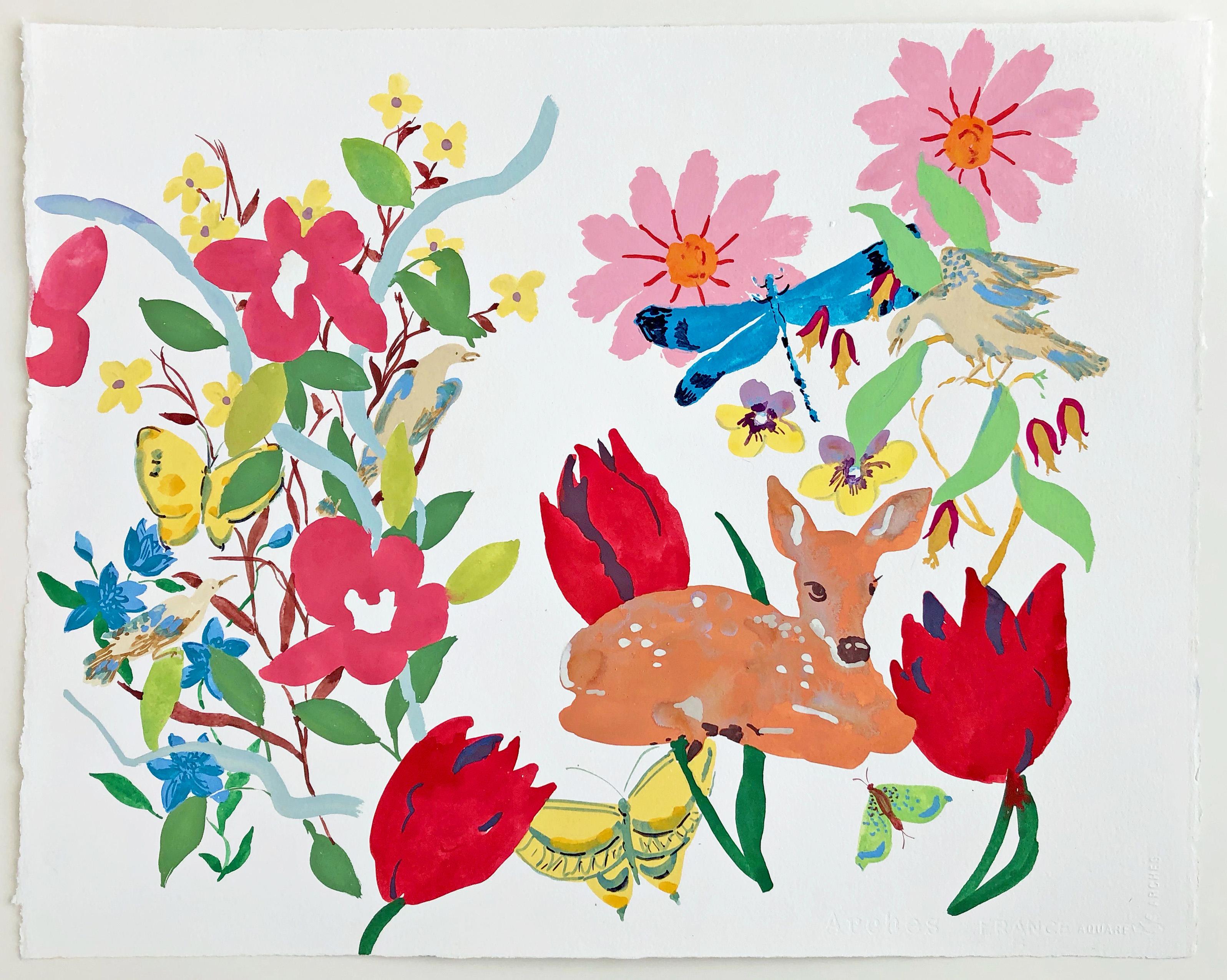 Melanie Parke Animal Painting – Schildkröten, rosa, rot, gelbe, gelbe Blumen, Pansies, Vögel, Schmetterling, Hirsch auf Weiß
