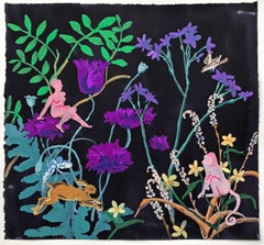Fiddlehead, Painting of Flowers, Woman, Monkey, Fawn, Dark Navy Blue Background