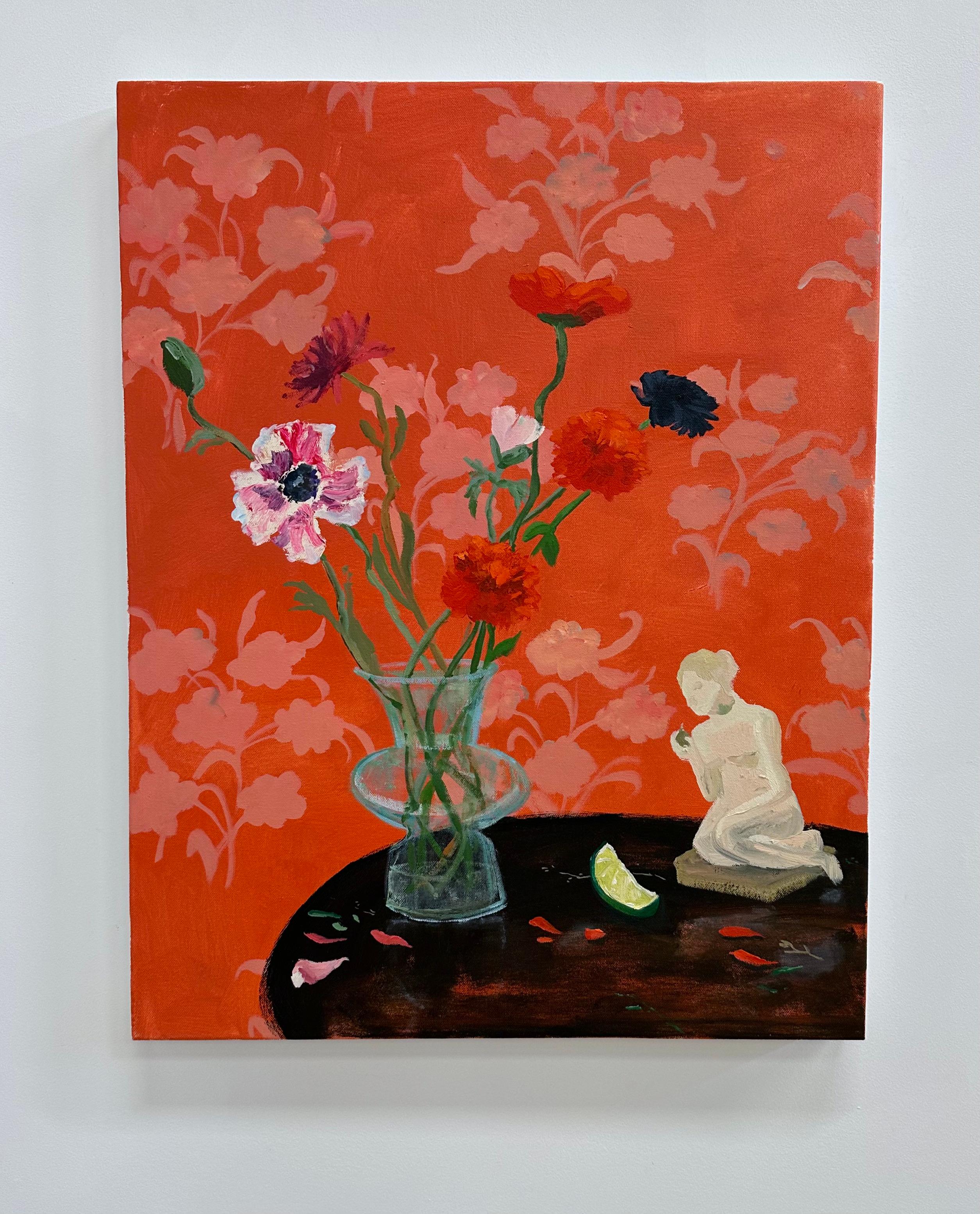 Fig in Hand, intérieur botanique rouge vif, fleurs, figure féminine, citron vert - Painting de Melanie Parke
