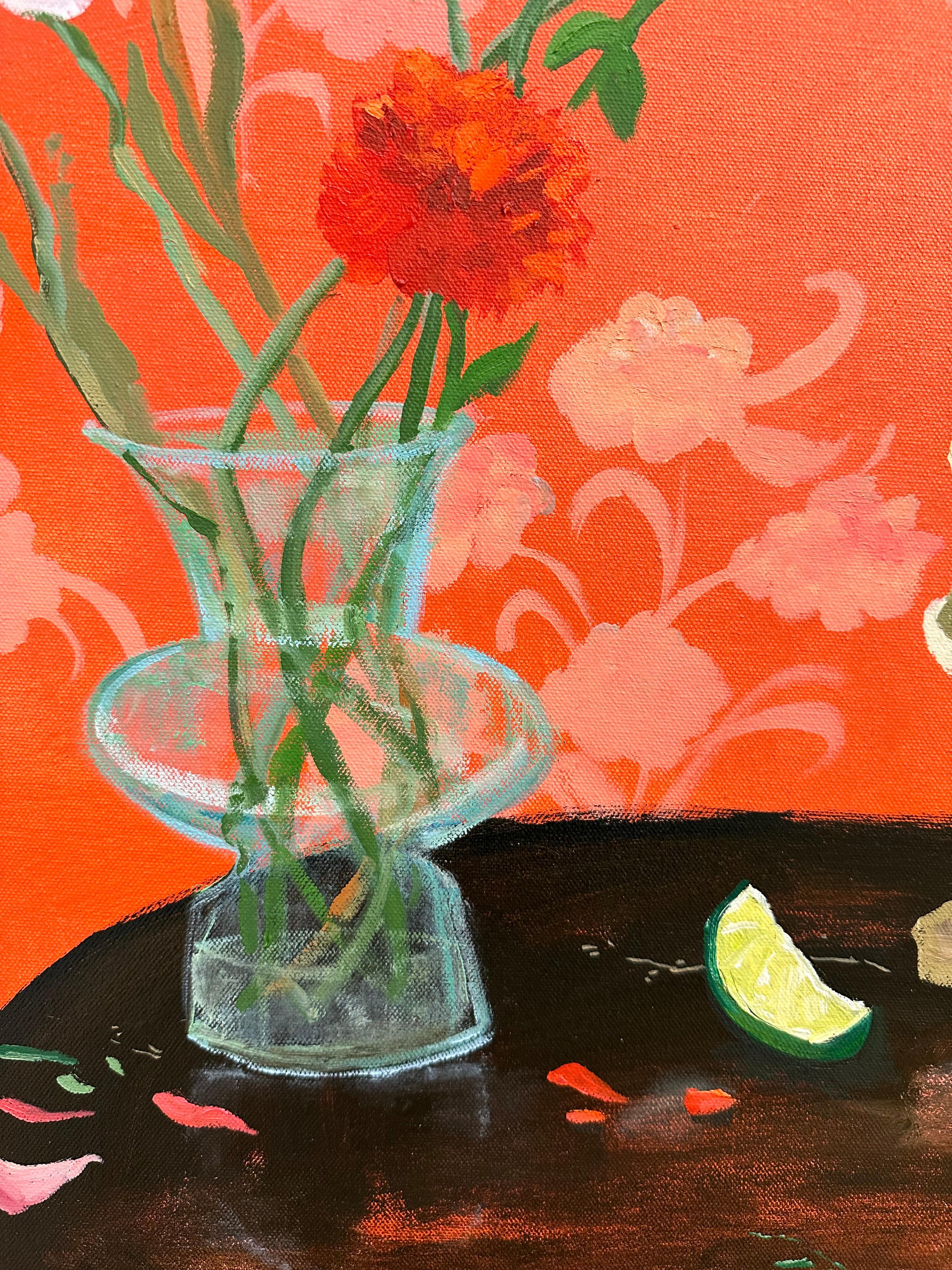 Fig in Hand, intérieur botanique rouge vif, fleurs, figure féminine, citron vert en vente 2
