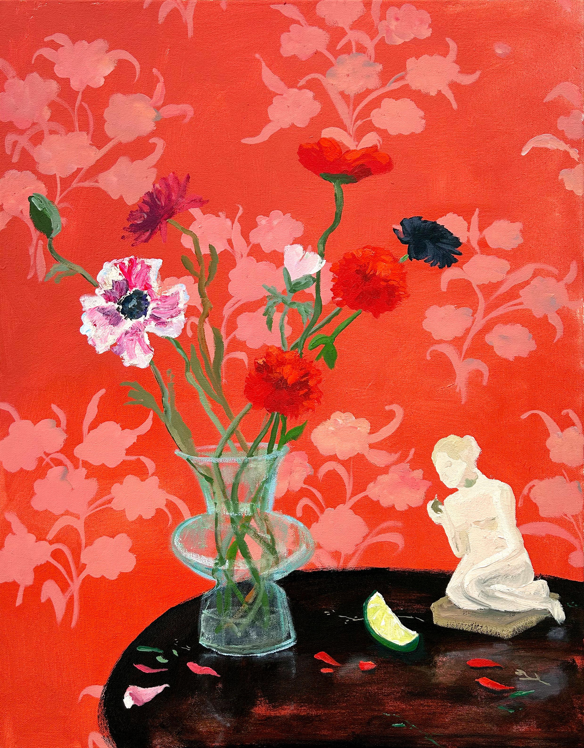 Melanie Parke Still-Life Painting - Fig in Hand, Bright Red Botanical Interior, Flowers, Female Figurine, Green Lime
