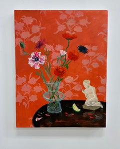 Fig in Hand - Coral Red Still Life Flowers Female Figure Lime Fruit 2023