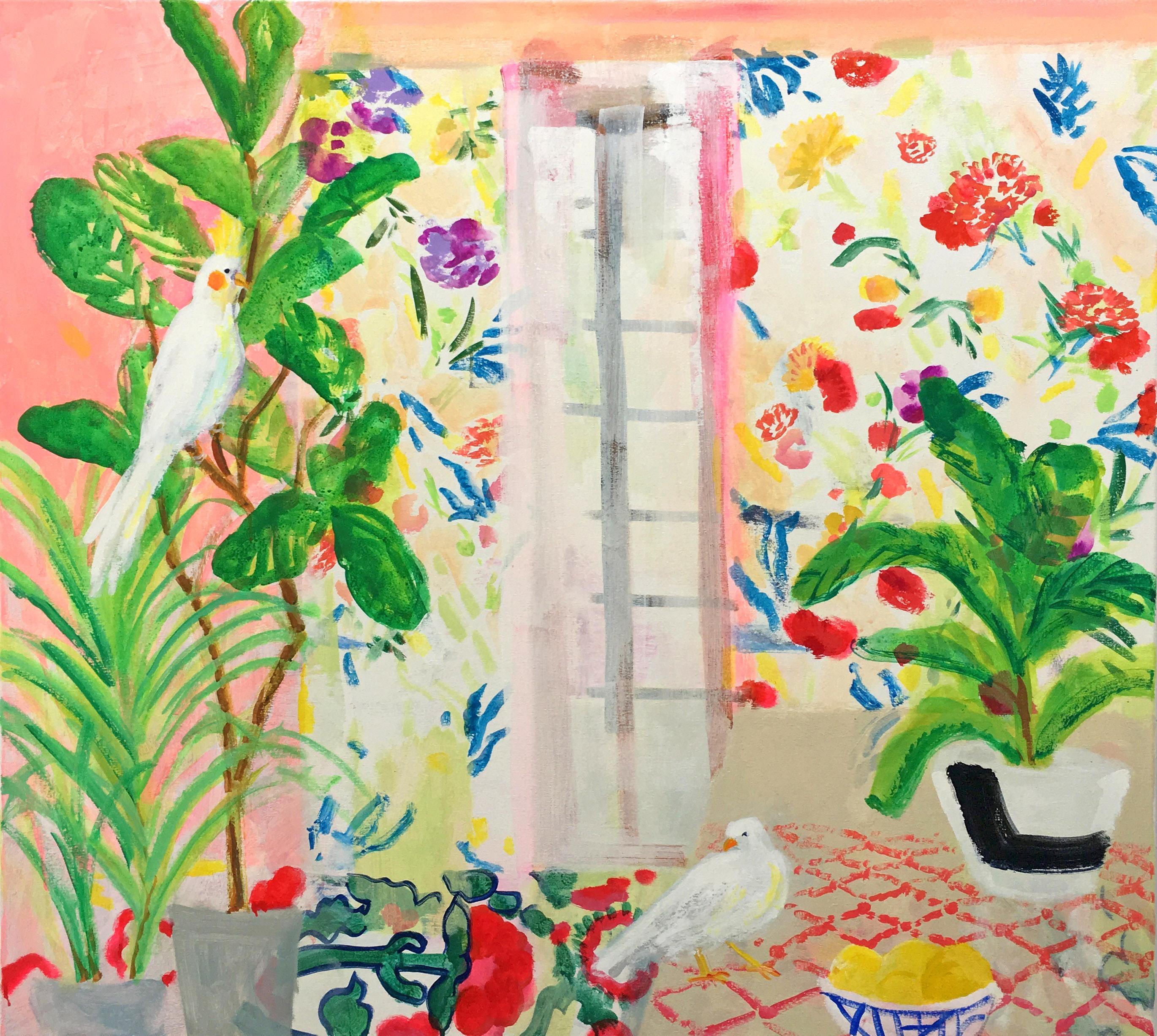 Figs and Feathers, Bright Interior with Birds, Green Plants, Colorful Flowers