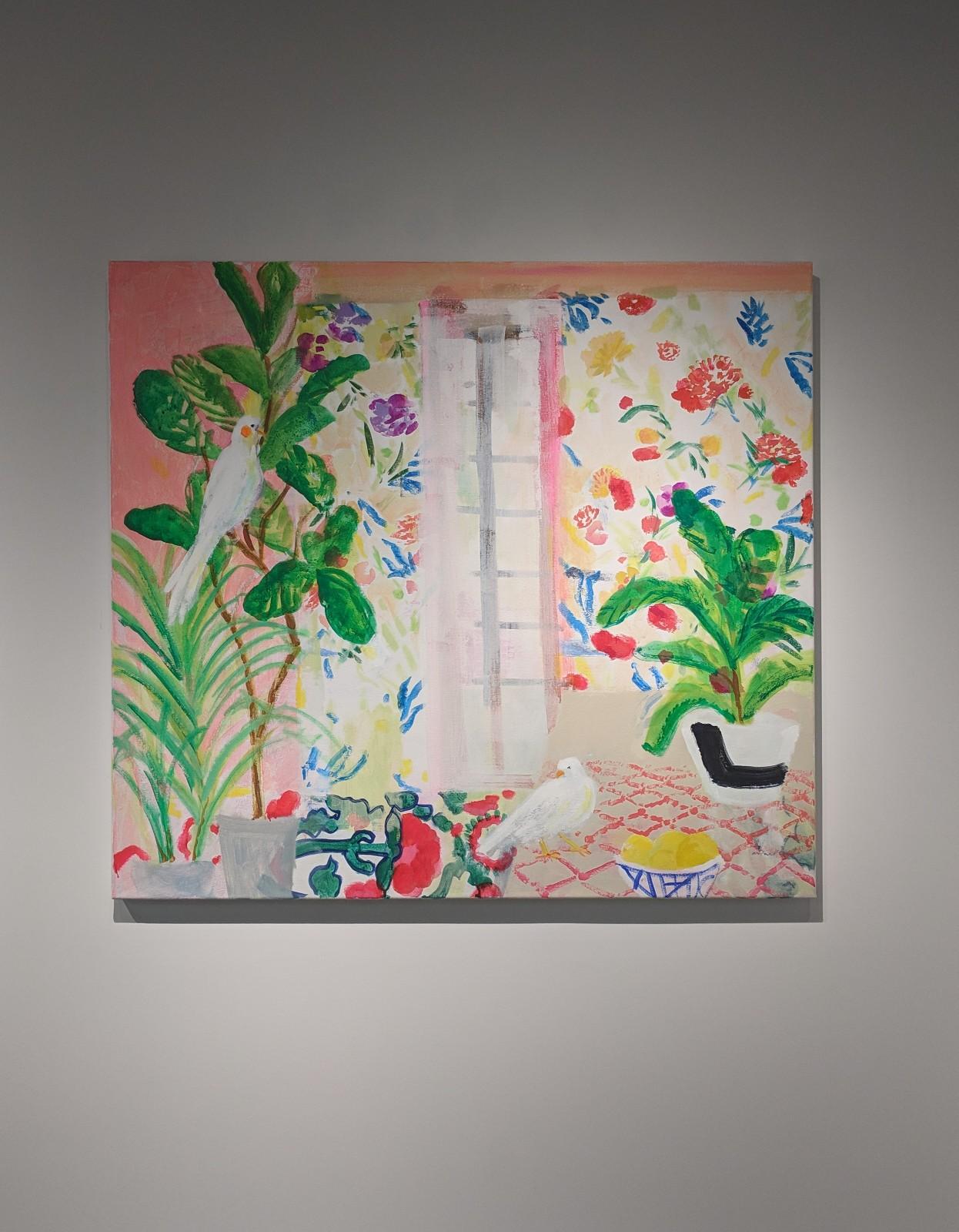 Higos y plumas - Interior contemporáneo Pájaros blancos Plantas verdes Frutas, 2018 - Painting de Melanie Parke