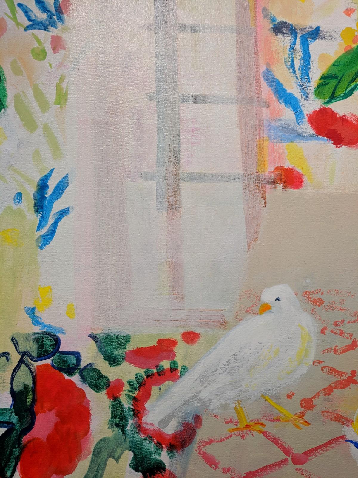 Higos y plumas - Interior contemporáneo Pájaros blancos Plantas verdes Frutas, 2018 en venta 2