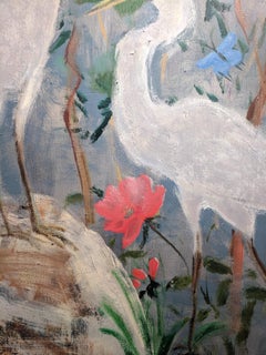 Flowering Egret, Vertical Painting of Birds and Coral Pink Flowers, Green Leaves