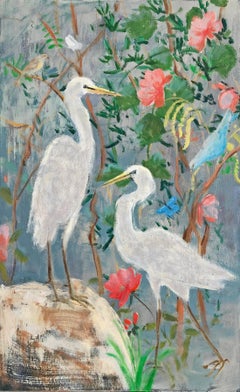Flowering Egret, Vertical Painting of Birds and Coral Pink Flowers, Green Leaves