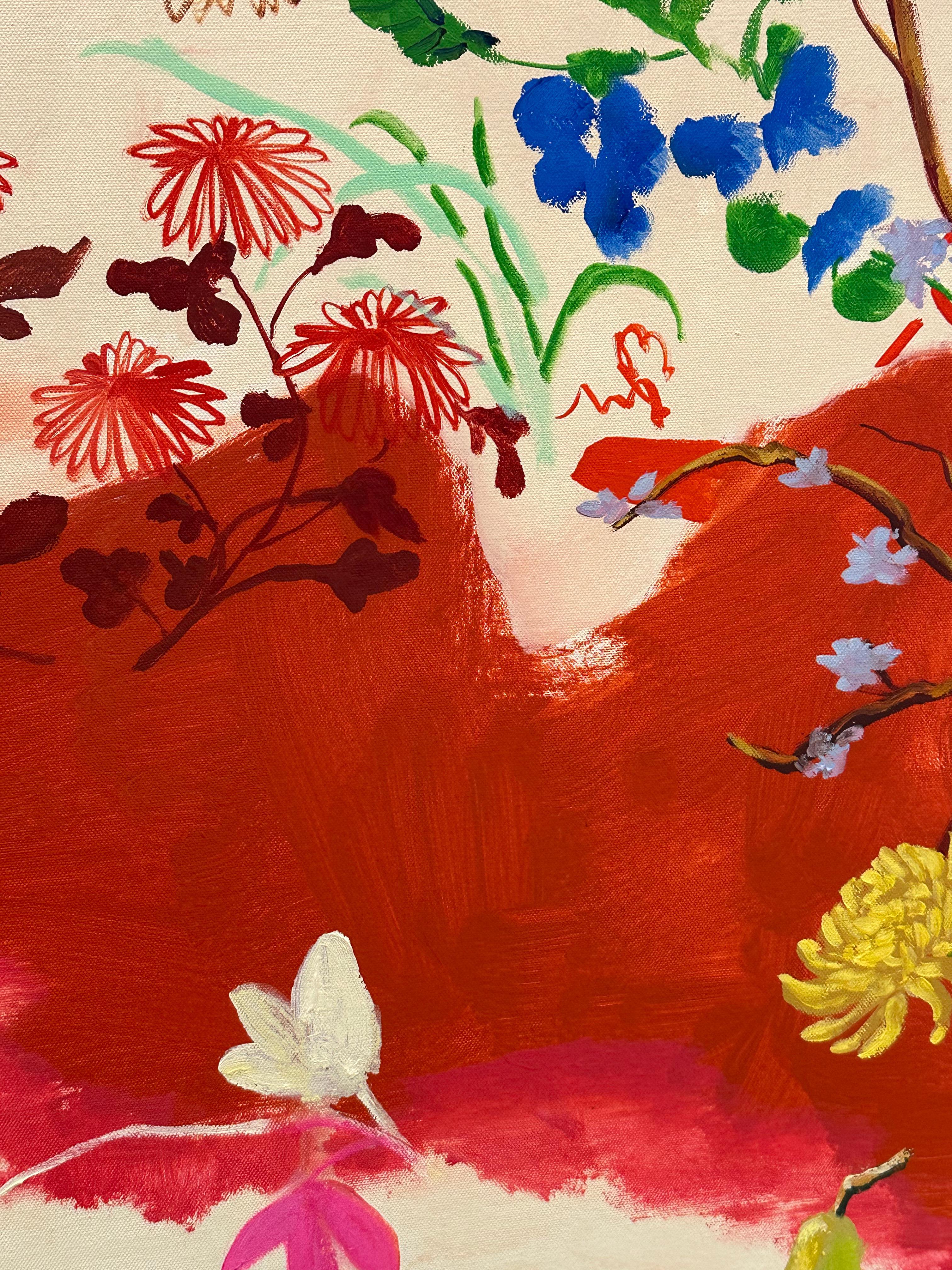 Astro volante - Natura morta contemporanea di frutta botanica, tavolo rosso blu brillante in vendita 5