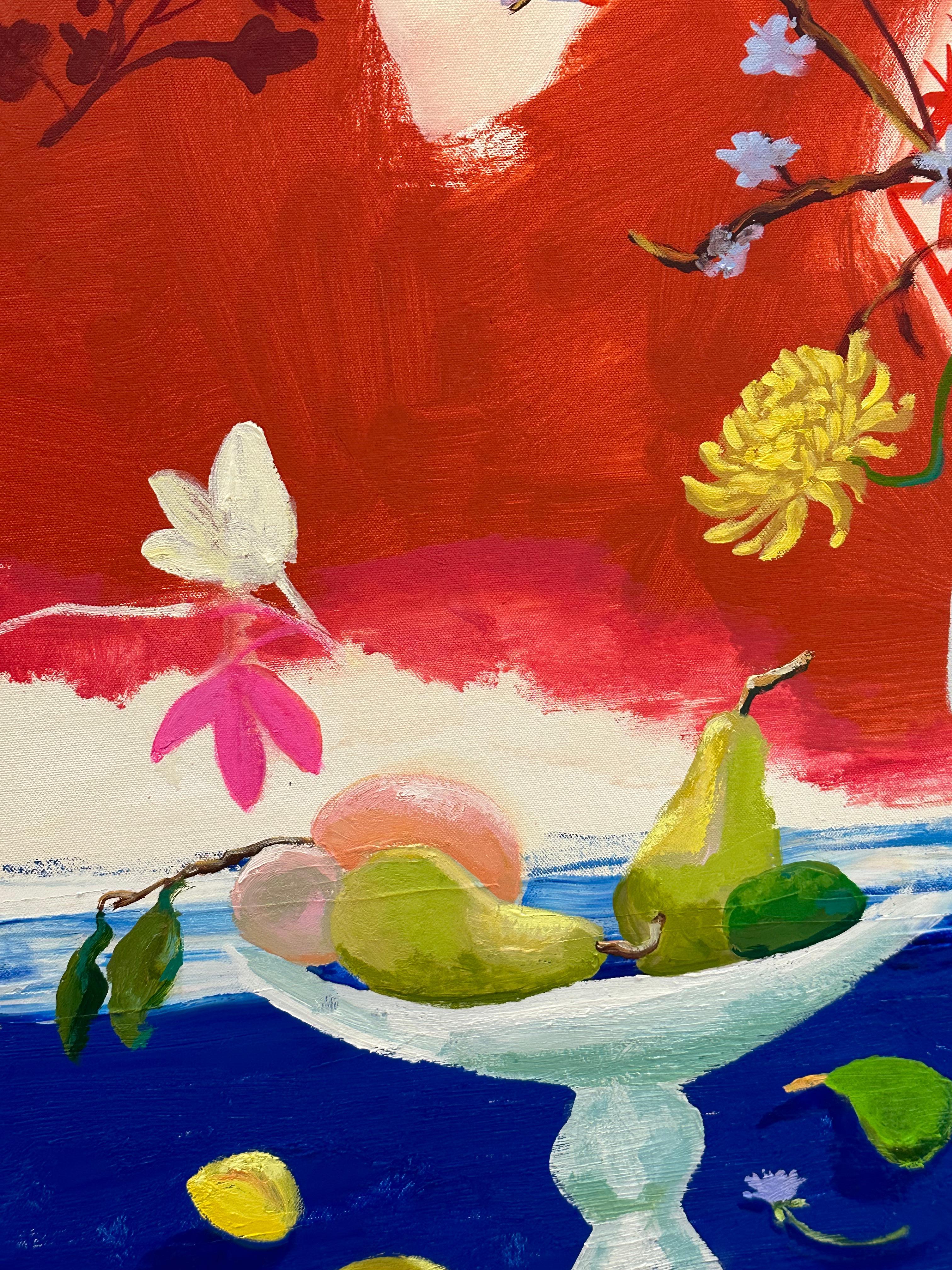 Astro volante - Natura morta contemporanea di frutta botanica, tavolo rosso blu brillante in vendita 6