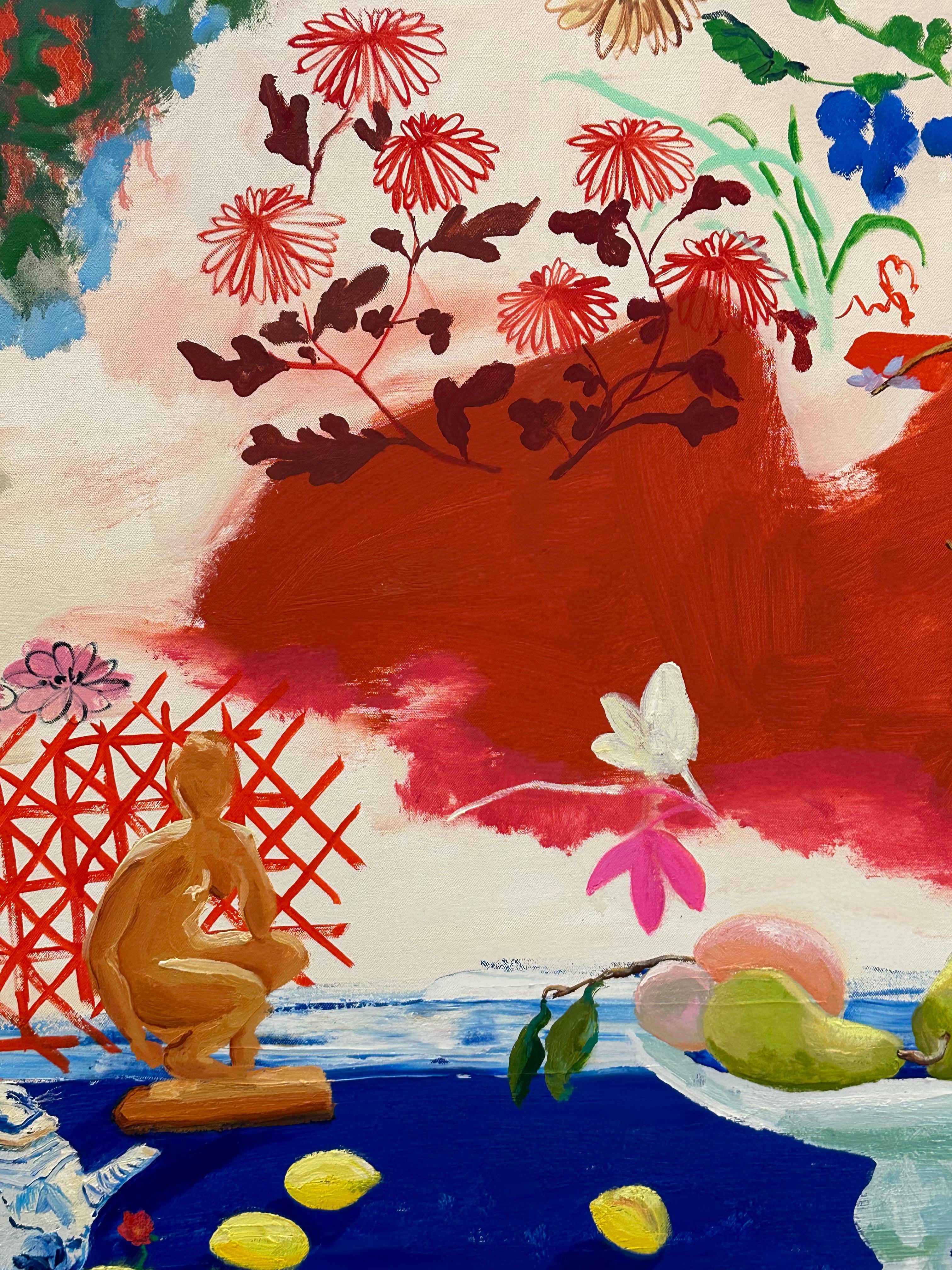 Astro volante - Natura morta contemporanea di frutta botanica, tavolo rosso blu brillante in vendita 7