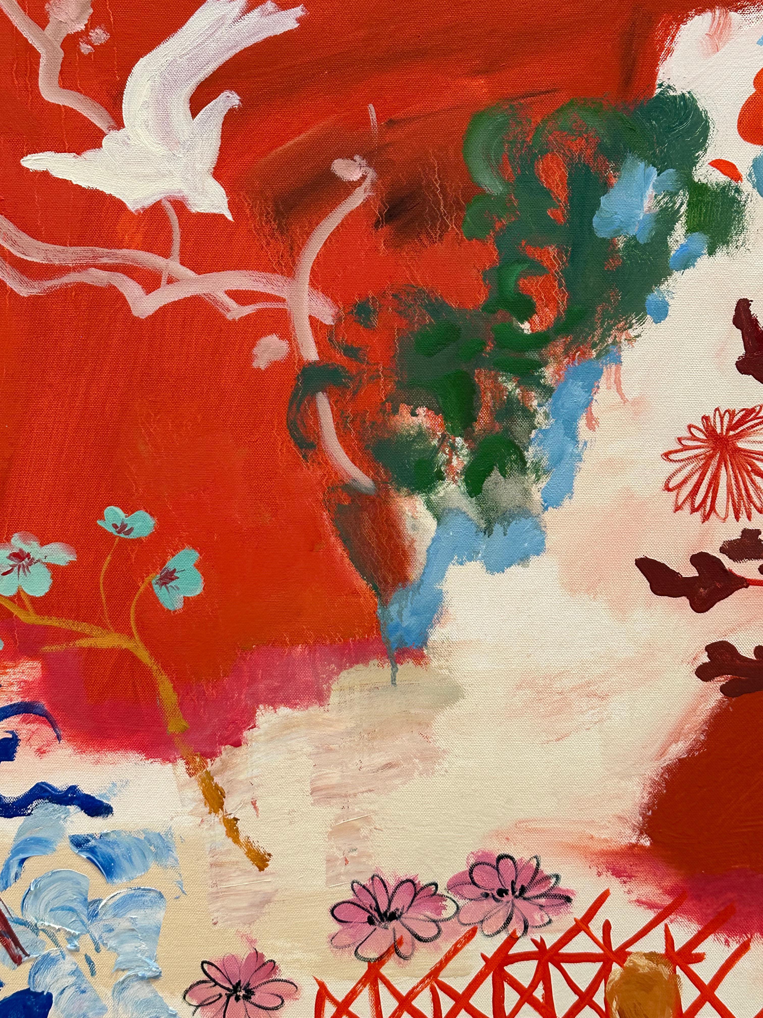 Astro volante - Natura morta contemporanea di frutta botanica, tavolo rosso blu brillante in vendita 8