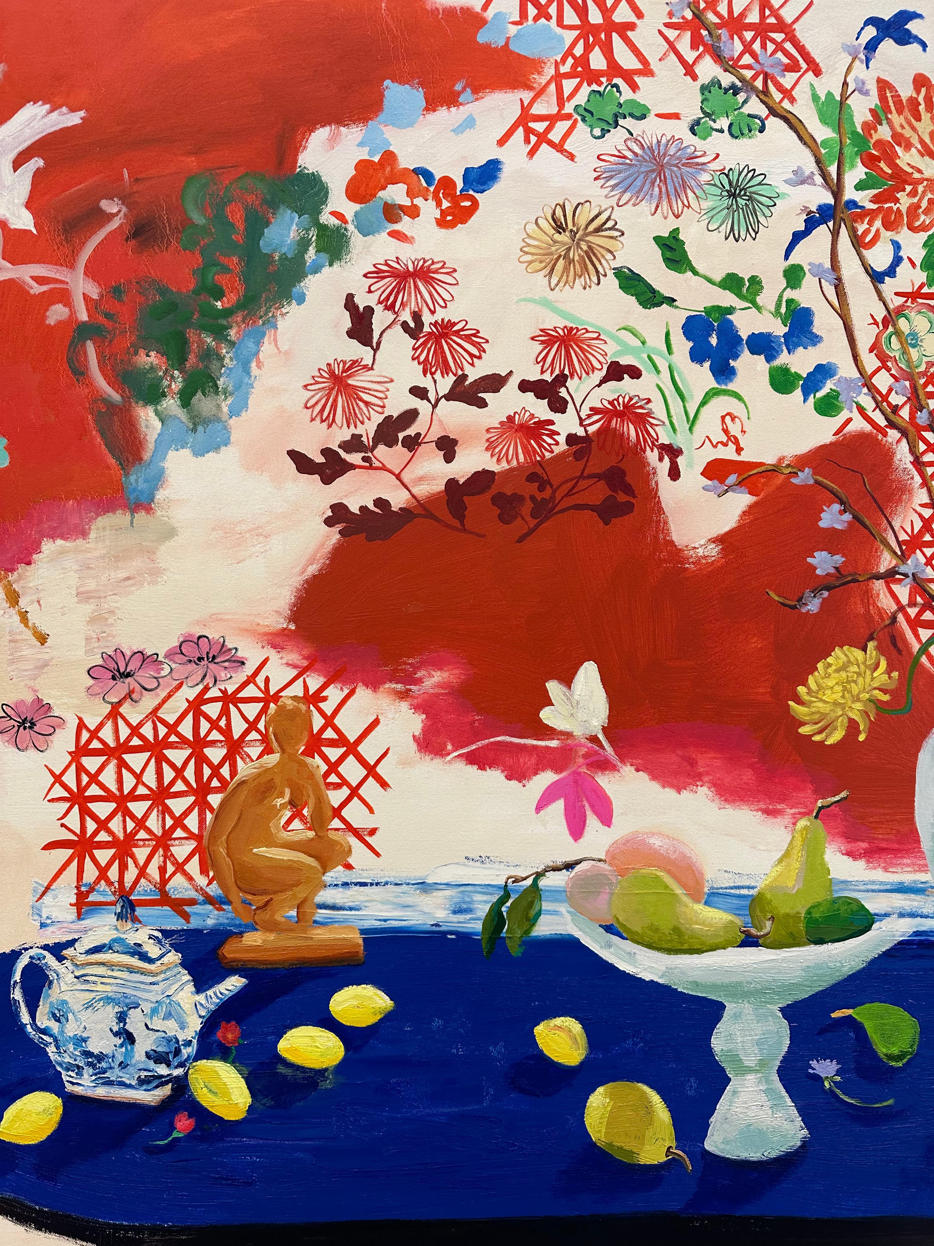 Astro volante - Natura morta contemporanea di frutta botanica, tavolo rosso blu brillante - Painting di Melanie Parke