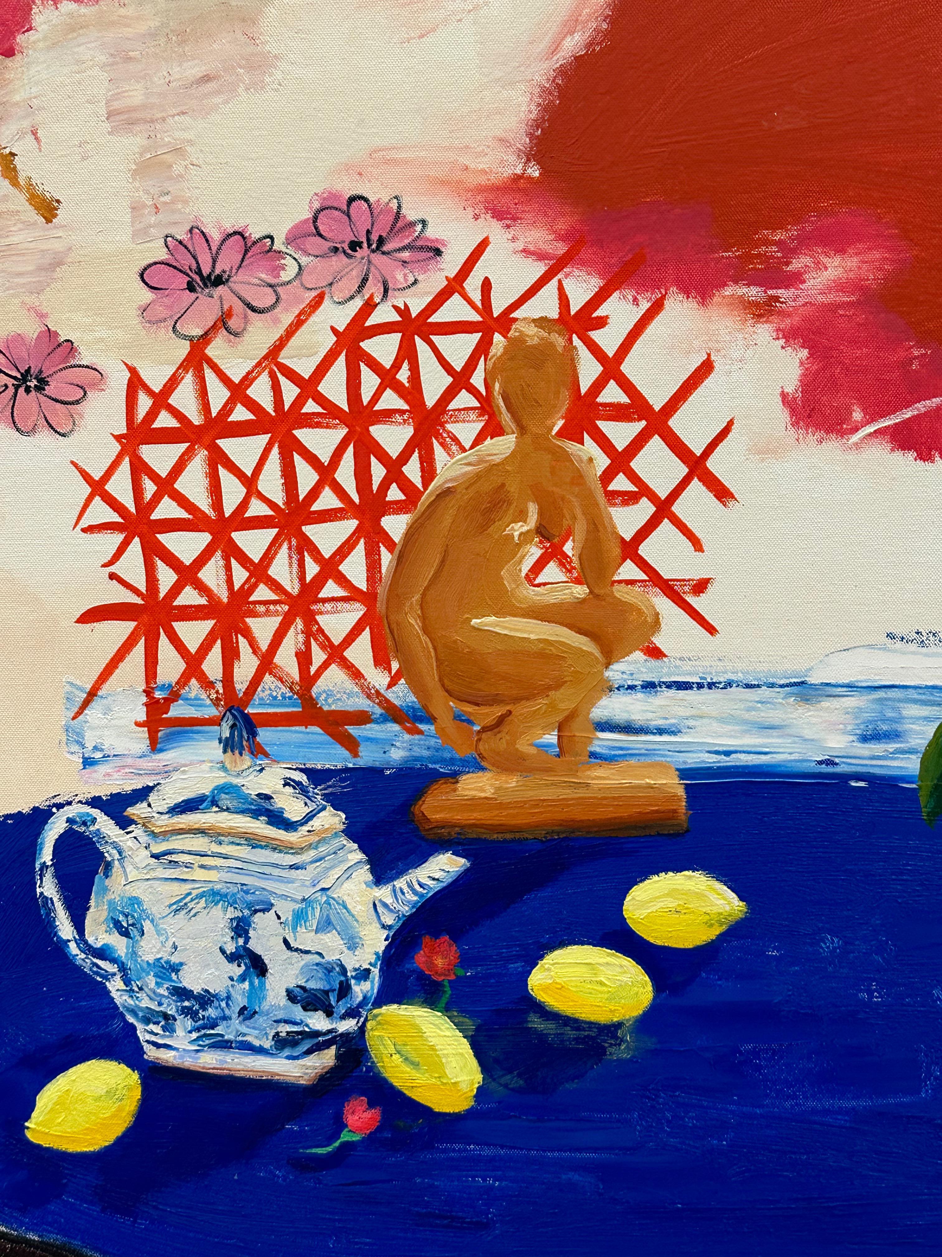 Astro volante - Natura morta contemporanea di frutta botanica, tavolo rosso blu brillante - Painting Contemporaneo di Melanie Parke
