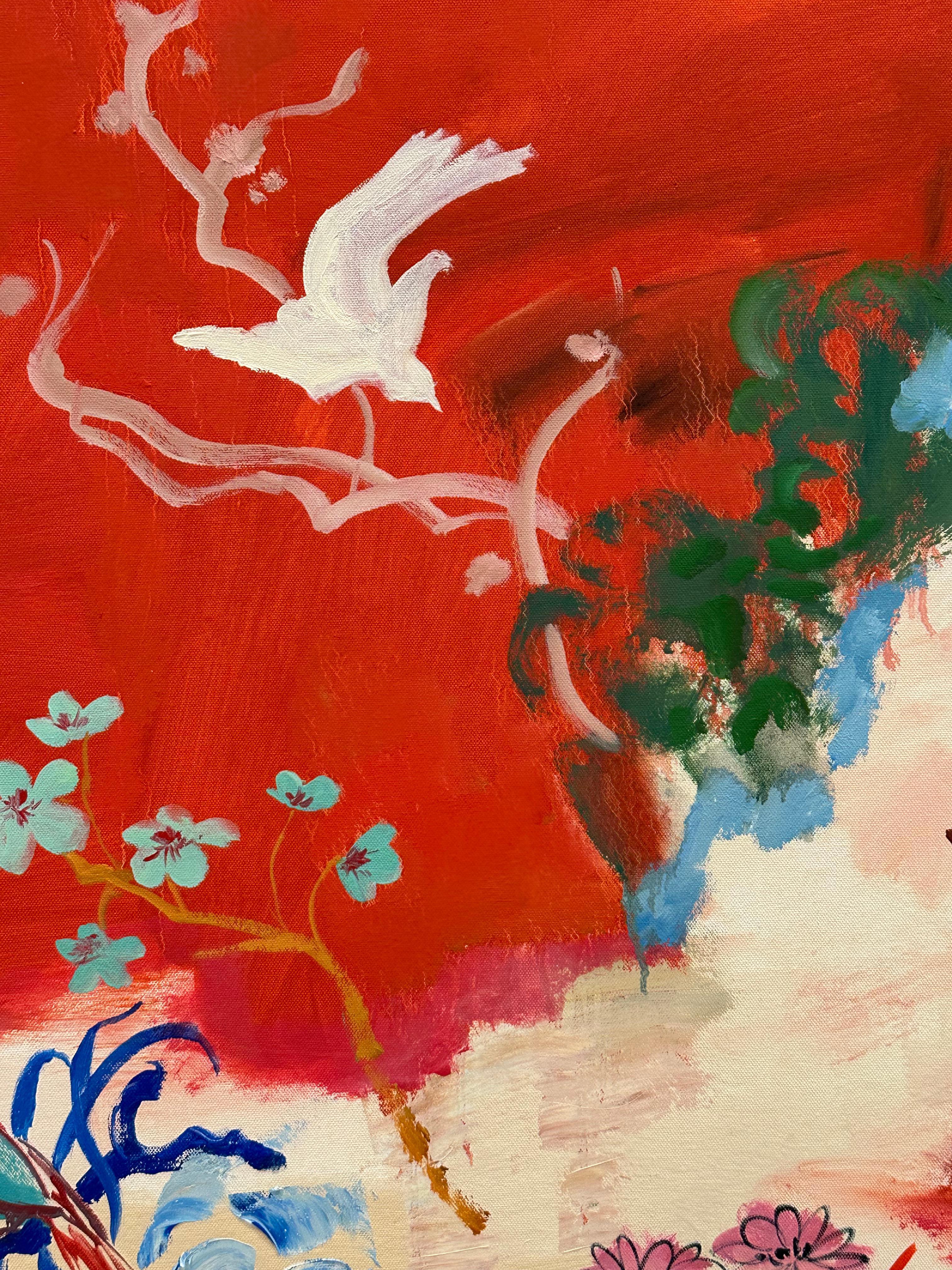 Astro volante - Natura morta contemporanea di frutta botanica, tavolo rosso blu brillante in vendita 1