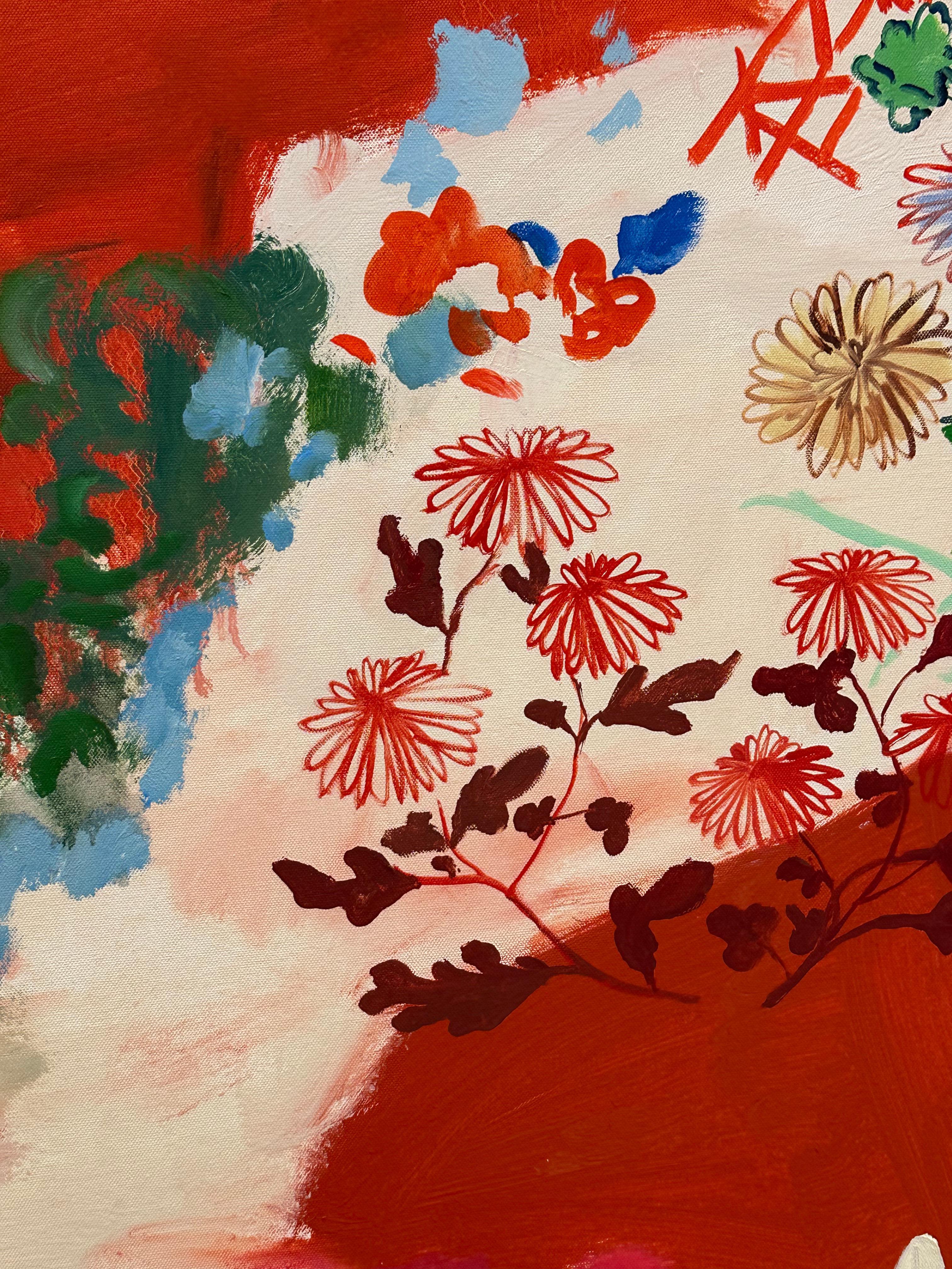 Astro volante - Natura morta contemporanea di frutta botanica, tavolo rosso blu brillante in vendita 2