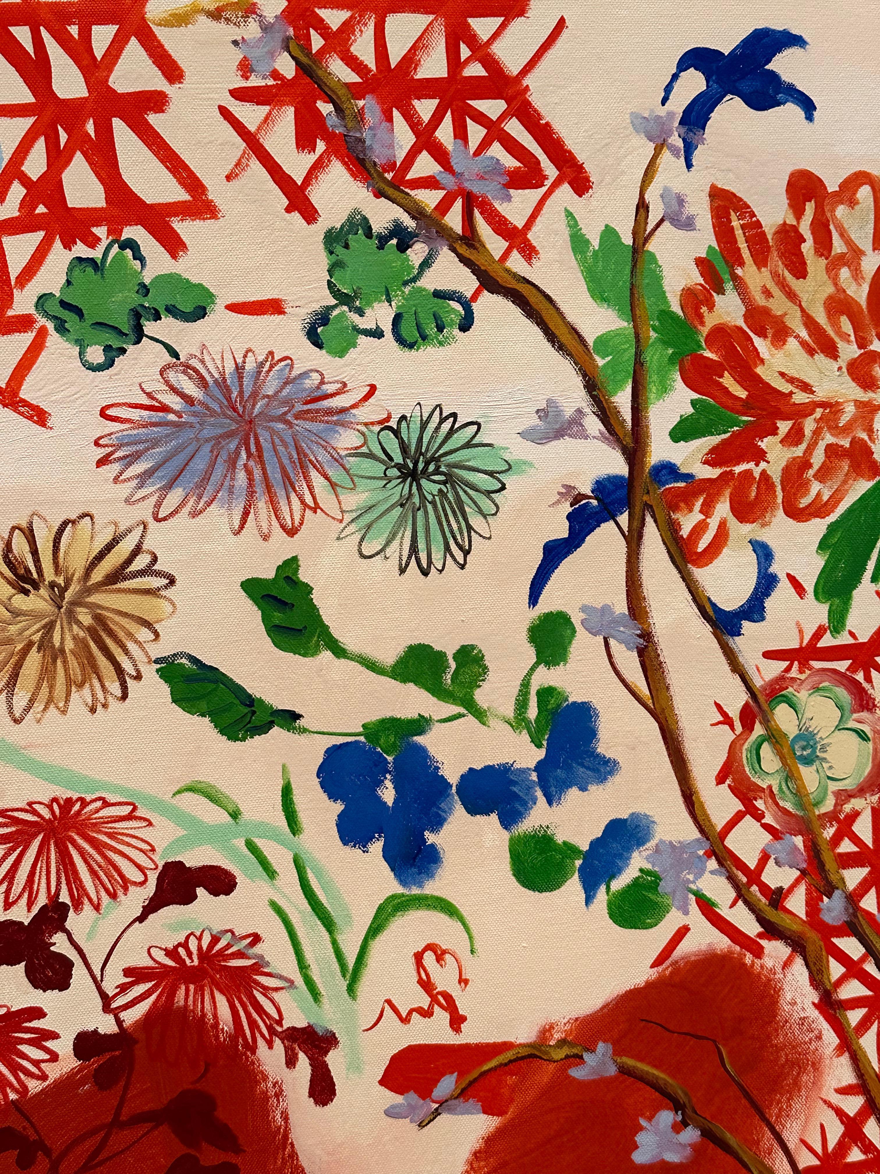 Astro volante - Natura morta contemporanea di frutta botanica, tavolo rosso blu brillante in vendita 4