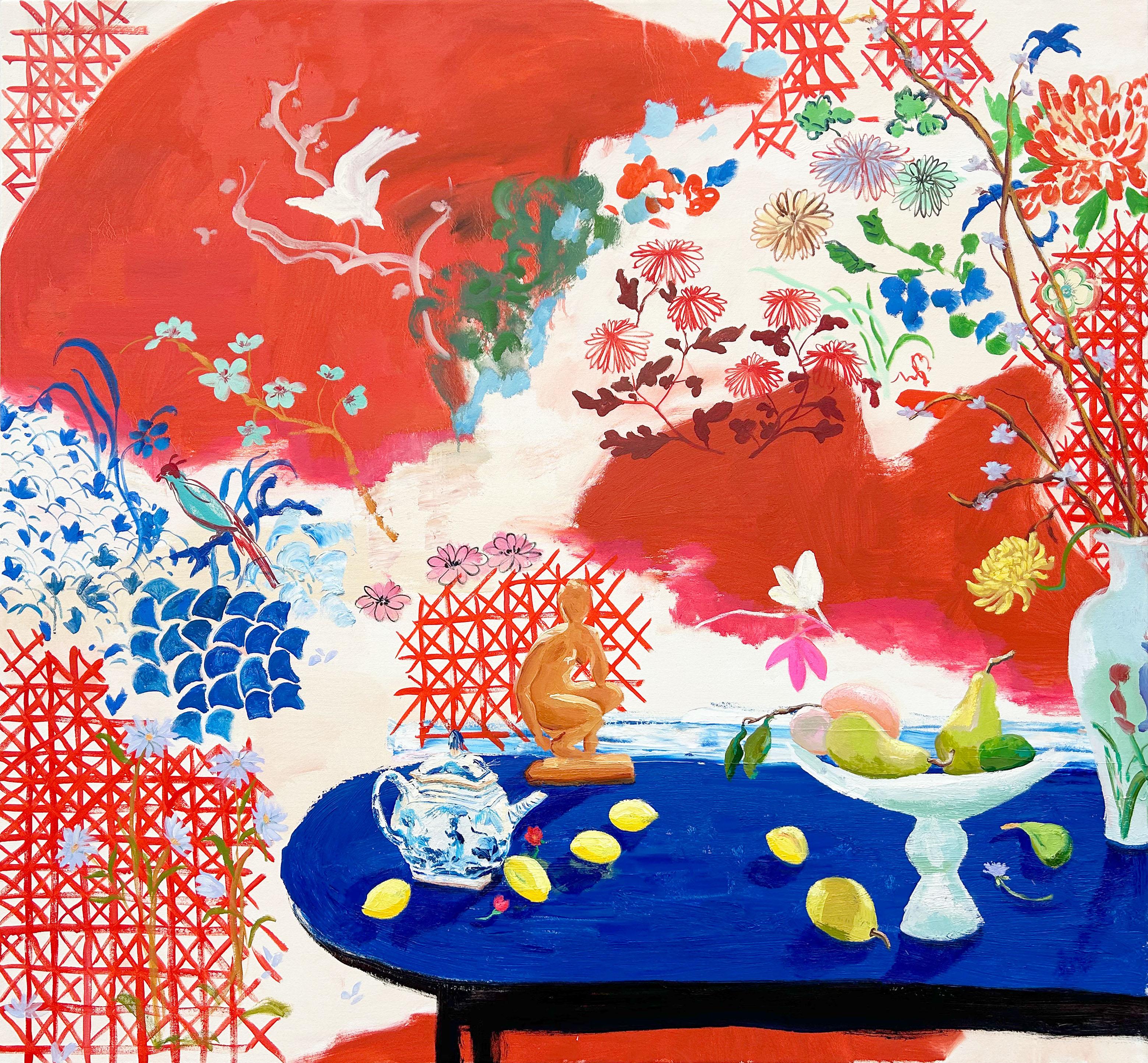 Astro volante - Natura morta contemporanea di frutta botanica, tavolo rosso blu brillante