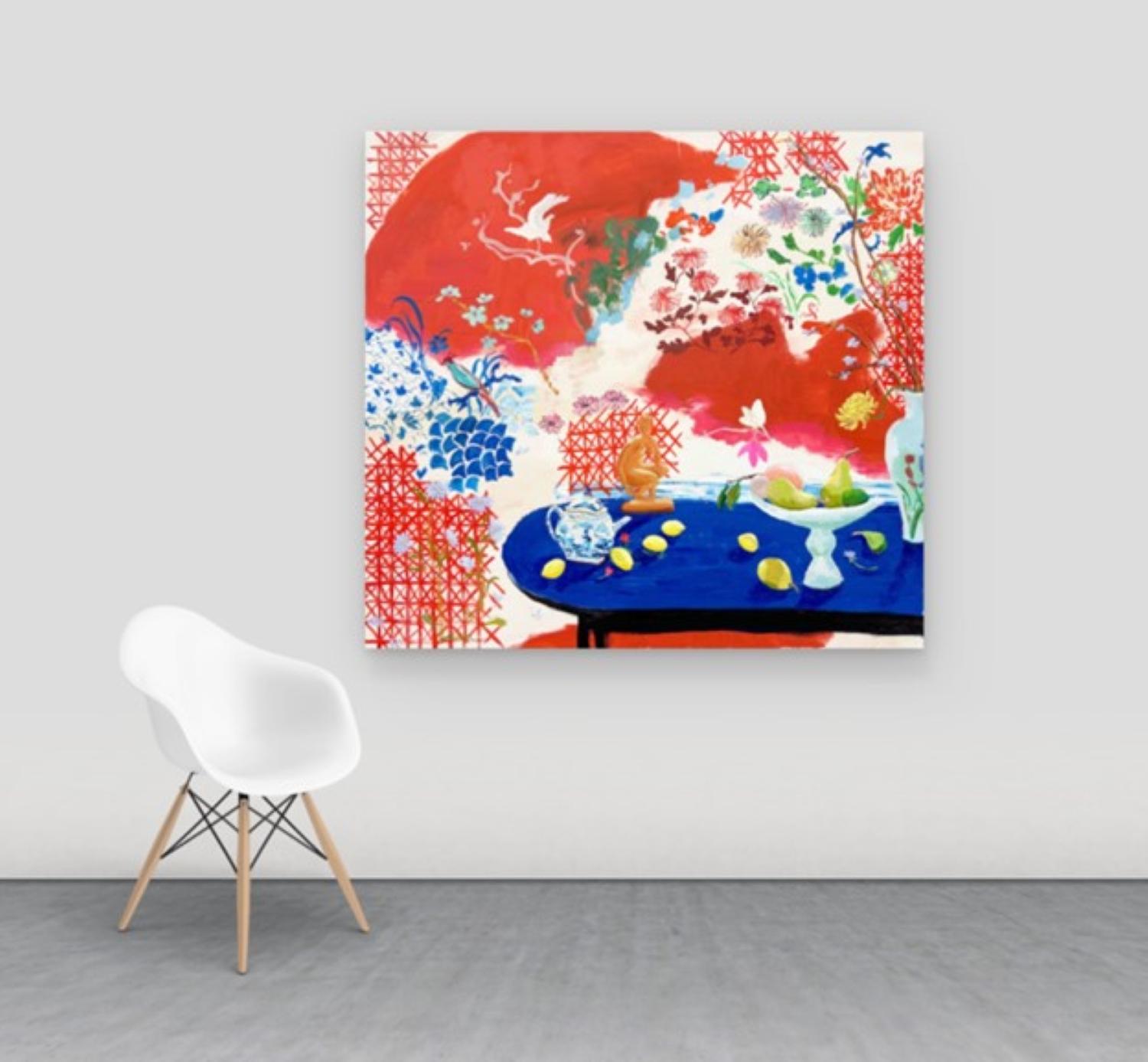 Fliegende Aster - Zeitgenössisches Stillleben Gelb Frucht Botanisch Rot Blau, 2024 – Painting von Melanie Parke