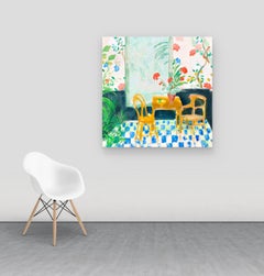 Garden Room, Botanical Interior Painting, Dining Room with Red Flowers, Lemons