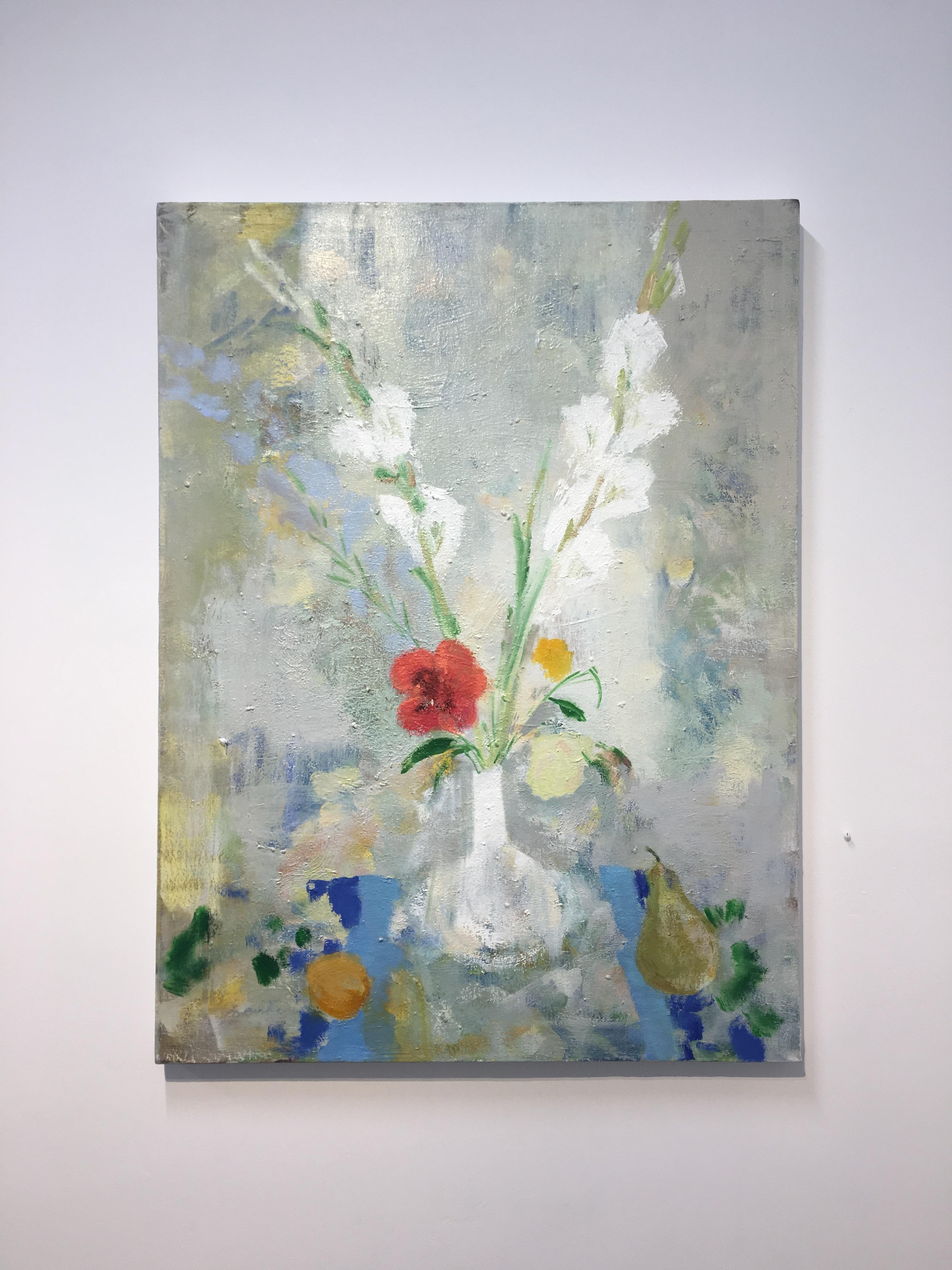 Gladiola Milk, Botanical Still Life with Red, Blue and White Flowers with Fruit - Painting by Melanie Parke