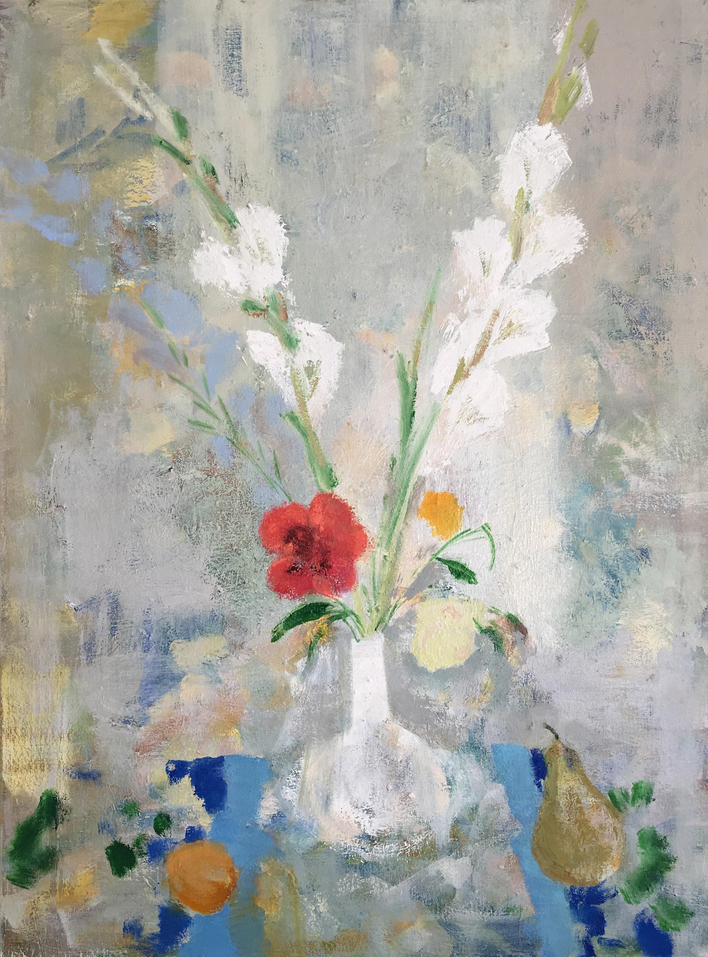 Melanie Parke Still-Life Painting - Gladiola Milk, Botanical Still Life with Red, Blue and White Flowers with Fruit