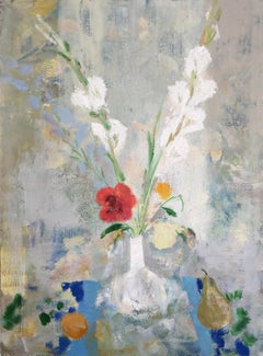 Melanie Parke - Gladiola Milk, Botanical Still Life with Red, Blue and White Flowers with Fruit Gladiola Milk, Botanical Still Life with Red, Blue and White Flowers with Fruit