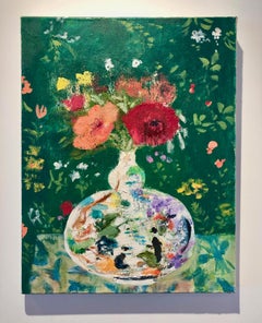 Grass Vase, Botanical Still Life with Flowers in Red, Green, Orange, Yellow