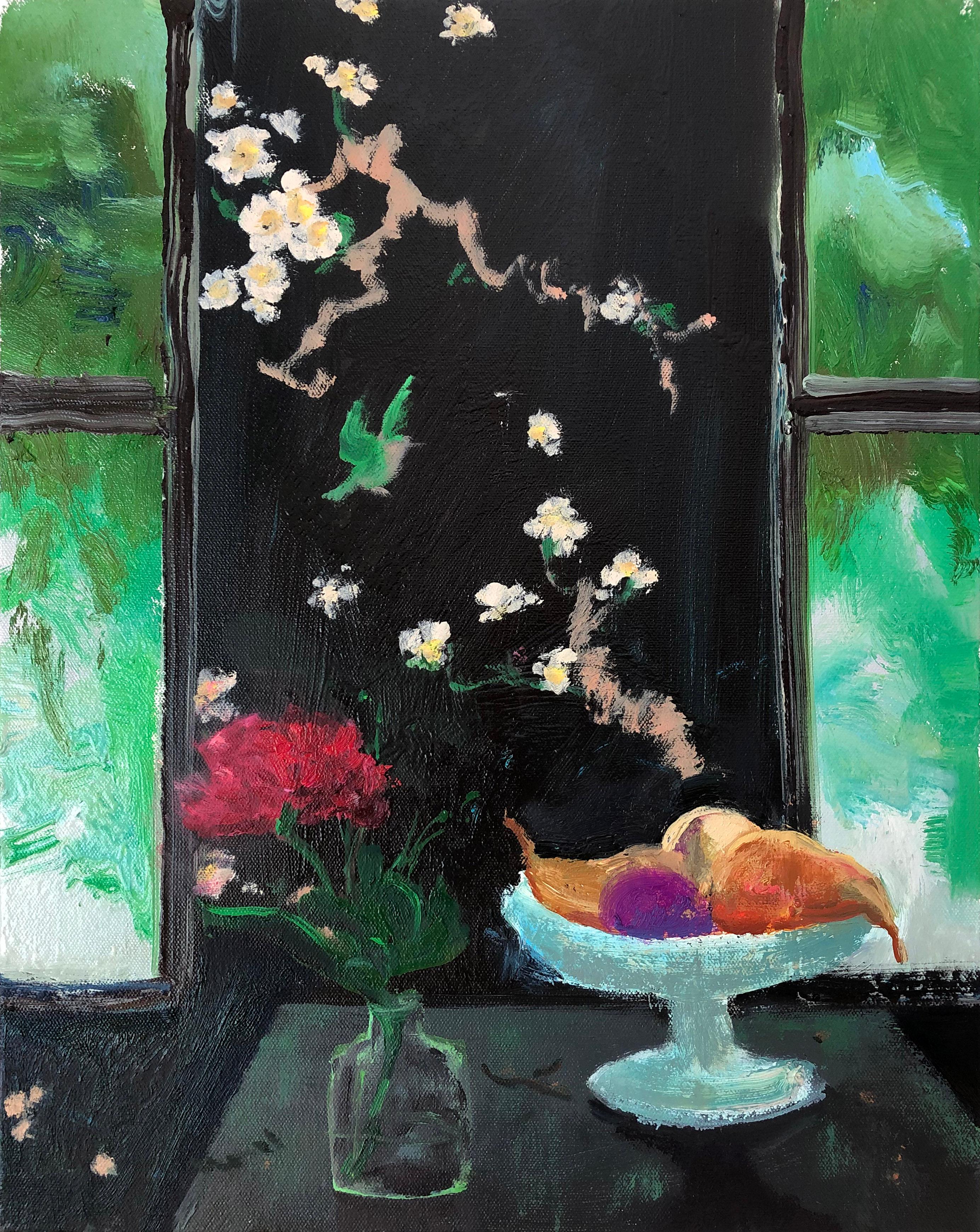 Interior Painting Melanie Parke - Green Wing, 2022, huile sur toile, peinture impressionniste d'intérieur et nature morte