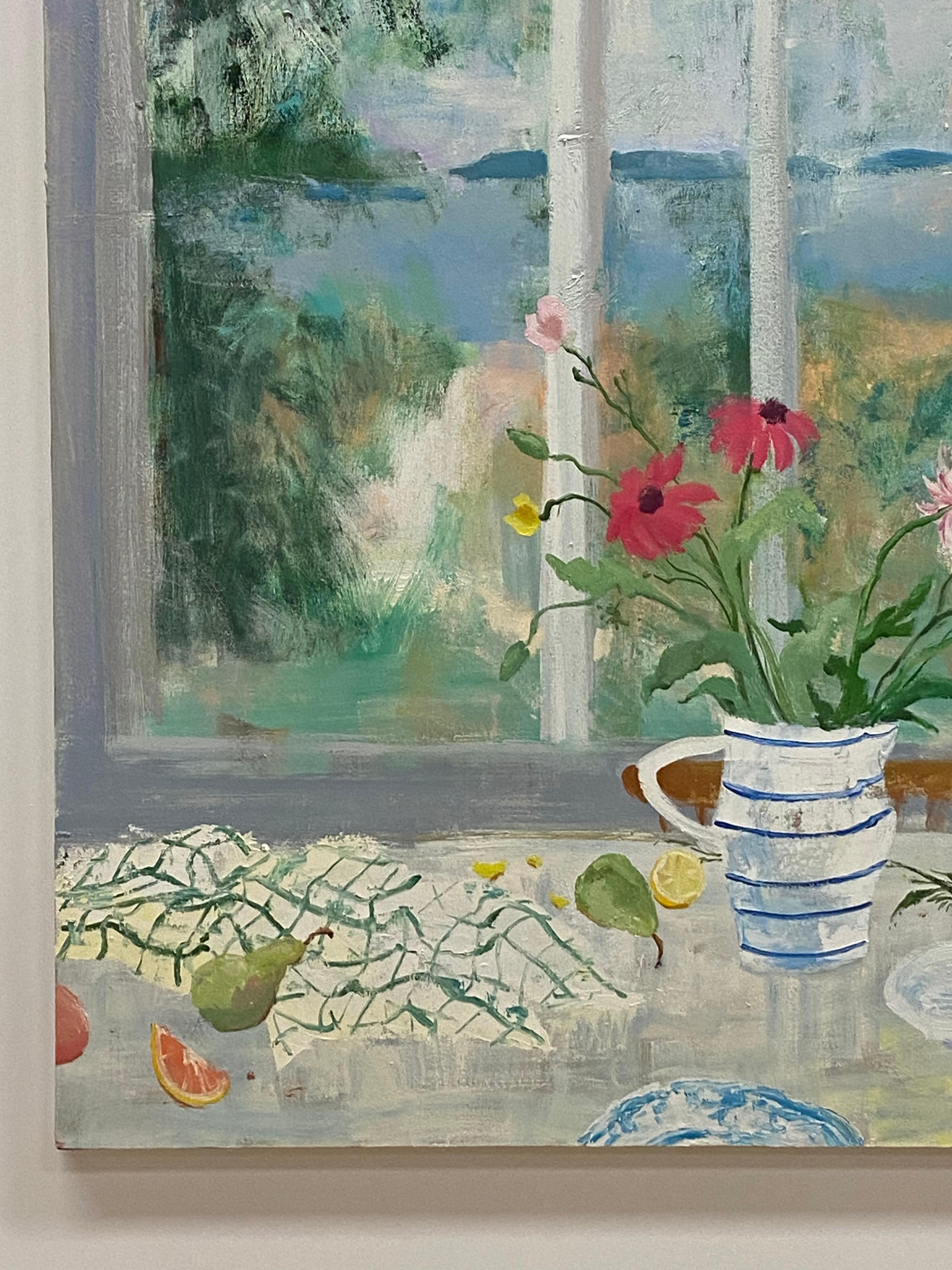 Island Pears, Lake Landscape, Flowers, Fruits Botanical Dining Room Still Life - Contemporary Painting by Melanie Parke