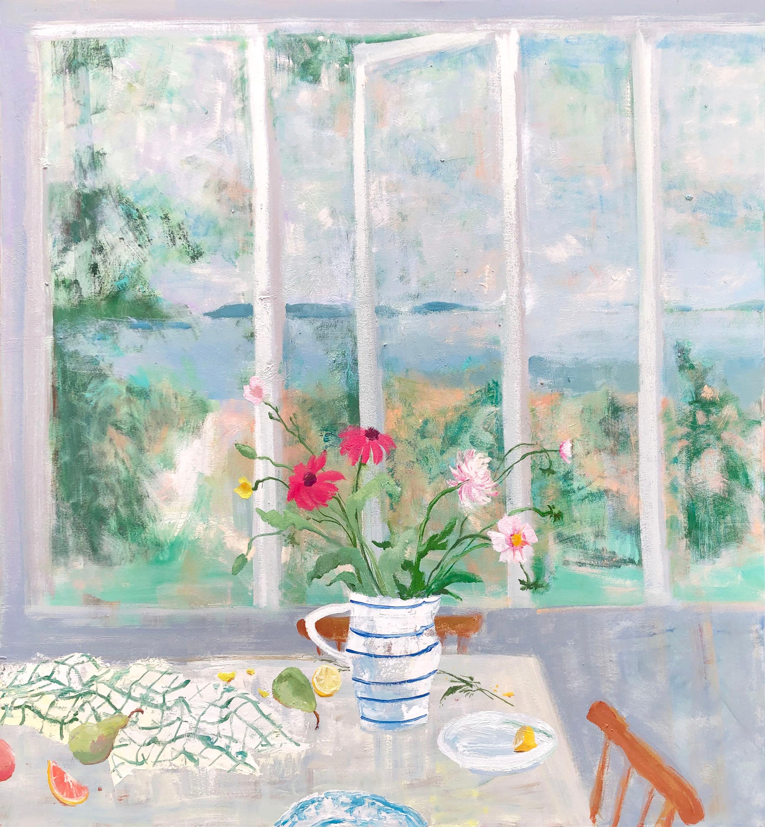 Melanie Parke Interior Painting - Island Pears, Lake Landscape, Flowers, Fruits Botanical Dining Room Still Life