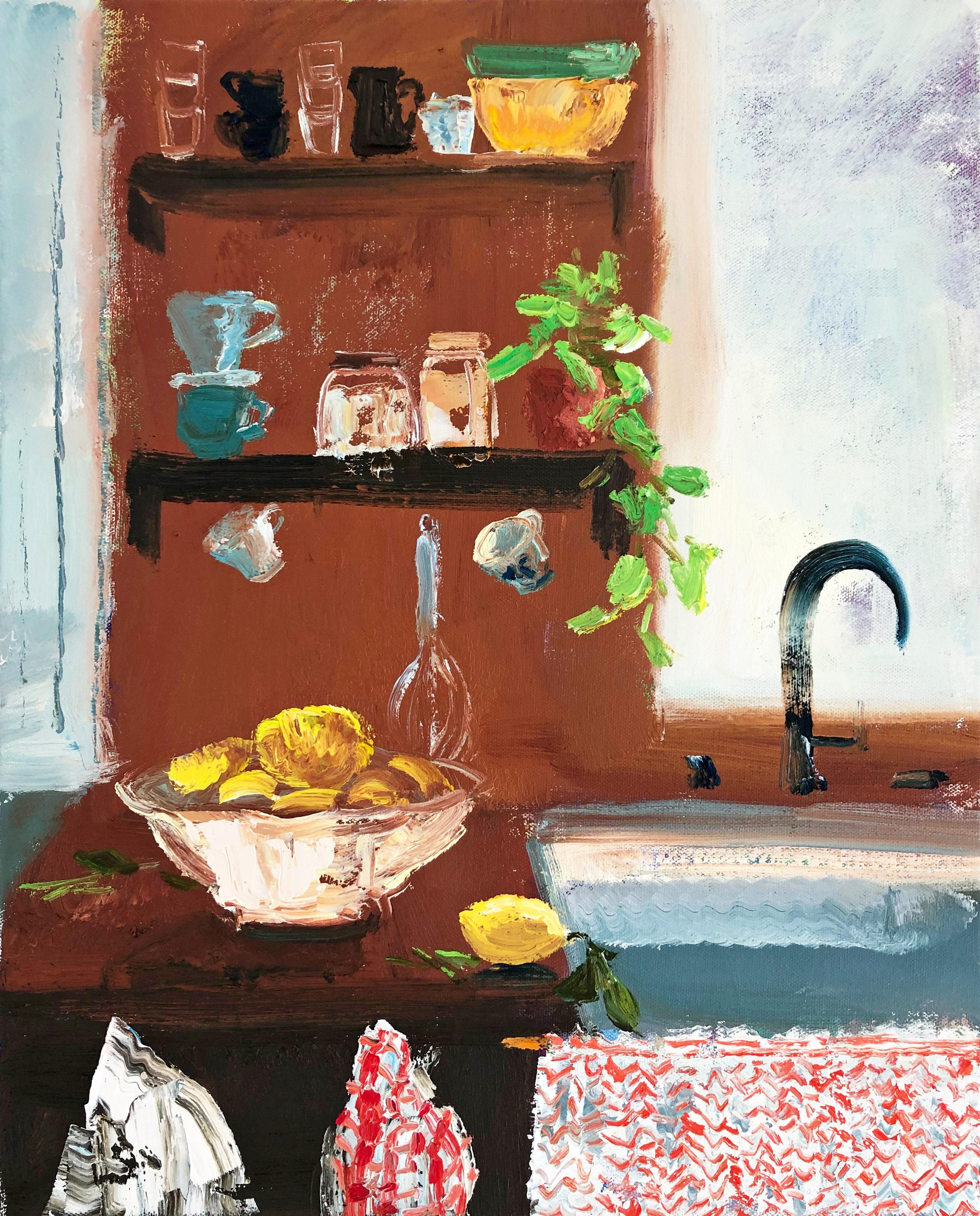 Melanie Parke Still-Life Painting - Kitchen Skirt, earth tones still life painting oil on canvas 