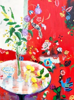 "Lady Bird"  Bright Red Matisse-like Interior of Flowers/Birds/Fruit  Blue/Pink