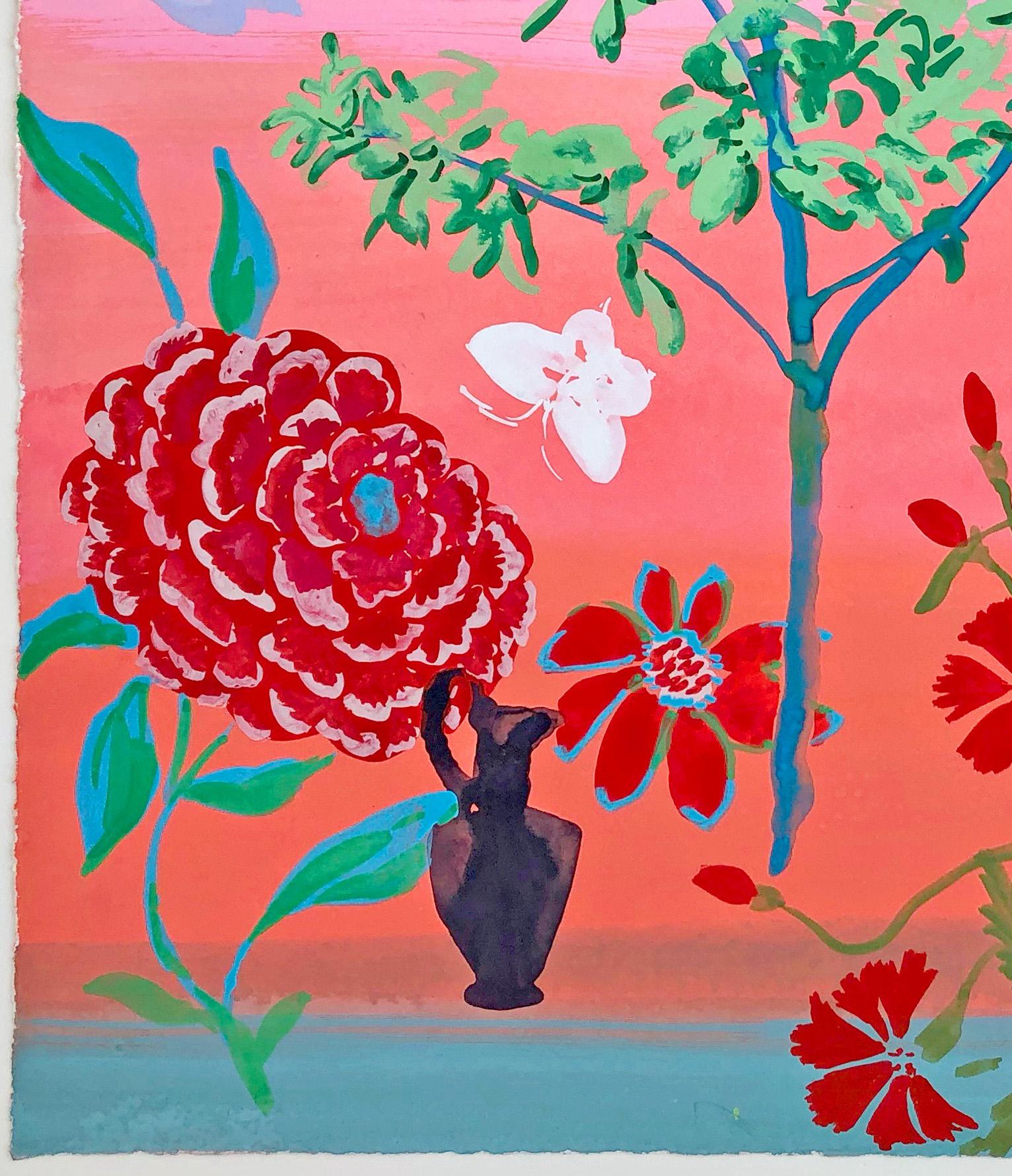 Lake on the Mountain, Red and Pink Flowers, Butterfly, Figure, Peach Background - Painting by Melanie Parke