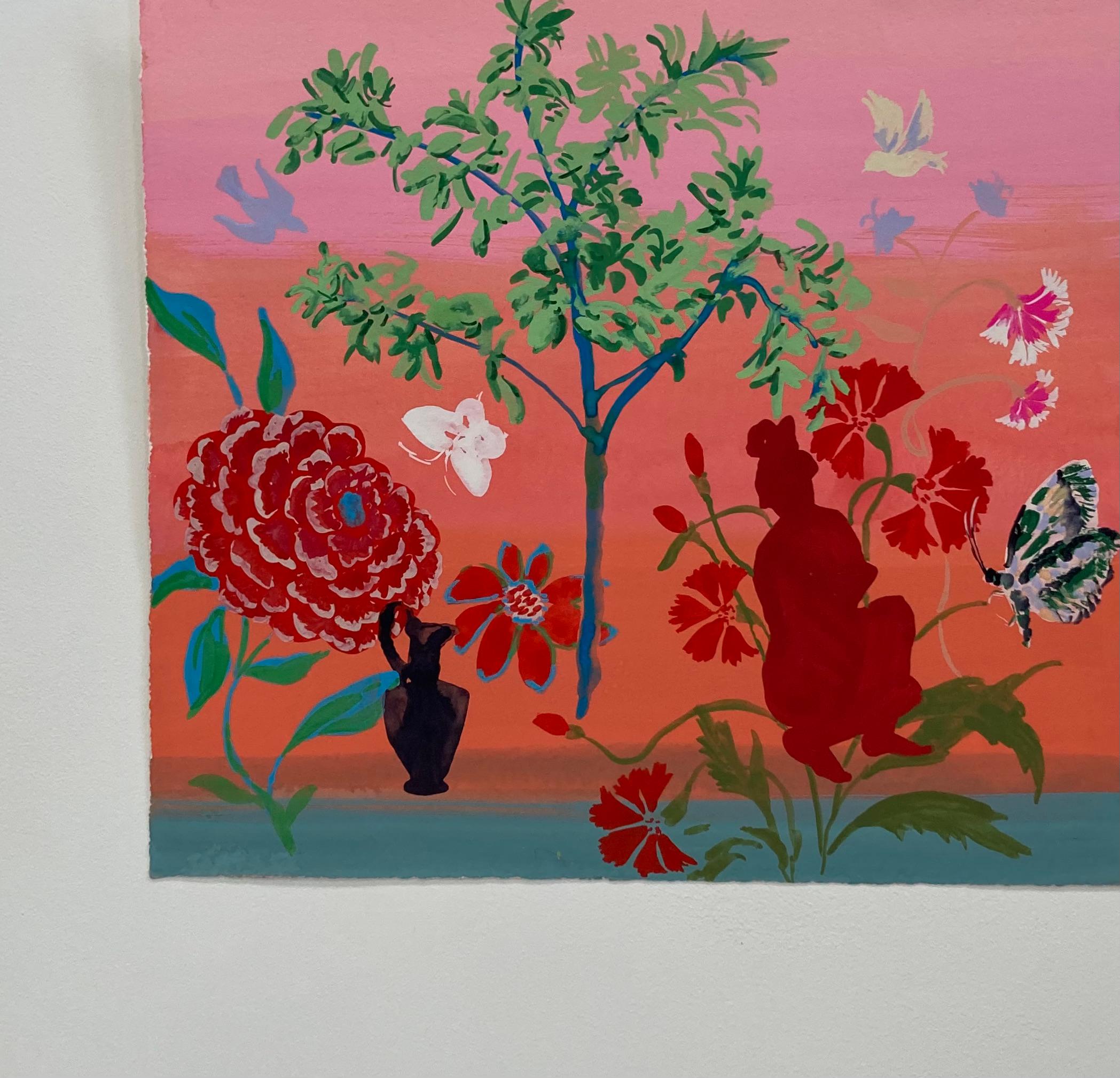 A female figure in red sits beside a pink and black butterfly, surrounded by brightly colored flowers in red and bright pink and a black urn next to a tree with green leaves in the center. The colorful figure, animals and lush hues of the flowers