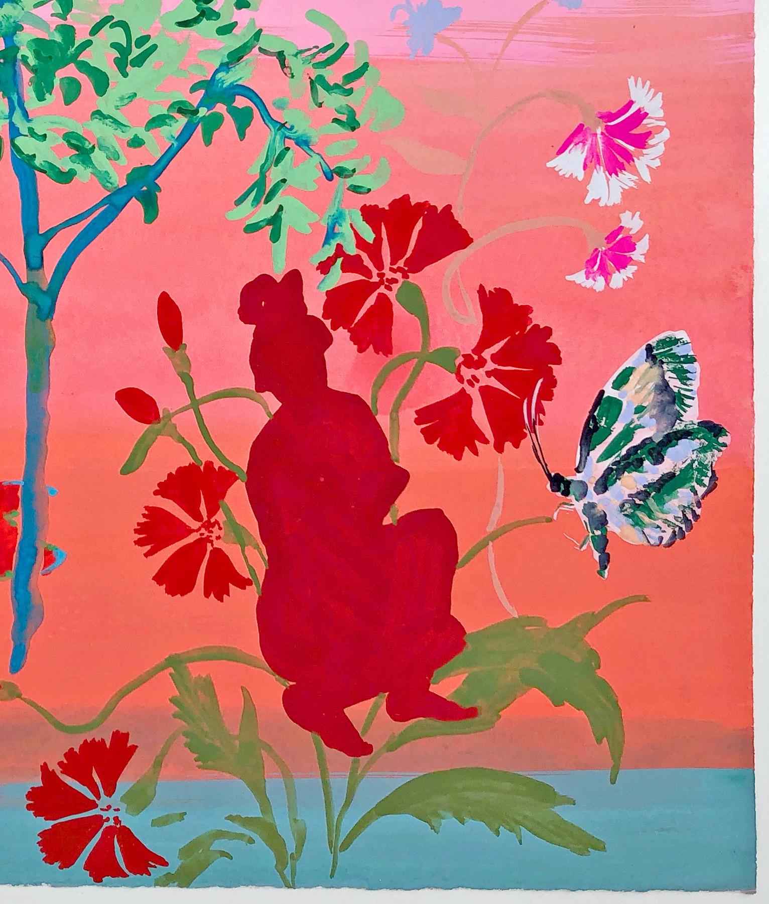 Lago sulla montagna - Figura femminile di farfalla con fiori rosa rossi, 2021 in vendita 7