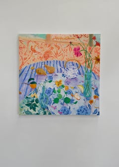 Lazuli Rose - Contemporary Peach Still Life Nasturtiums Pears Blue Teapot, 2025