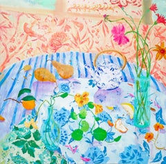 Lazuli Rose - Contemporary Peach Still Life Nasturtiums Pears Blue Teapot, 2025