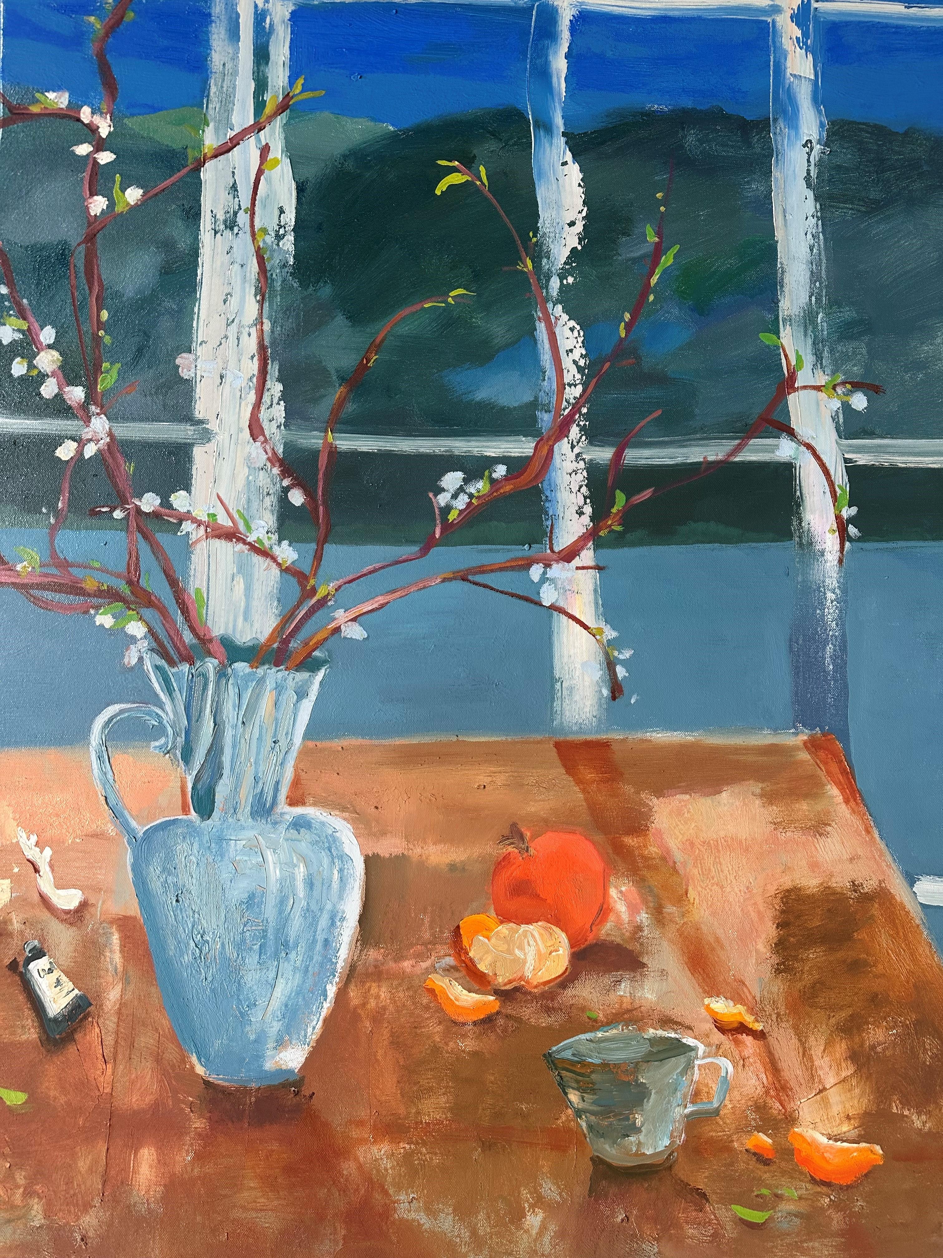 Mandarin für Jane - Seelandschaft Nachtfenster Obst botanisches Stillleben, 2025 (Blau), Still-Life Painting, von Melanie Parke