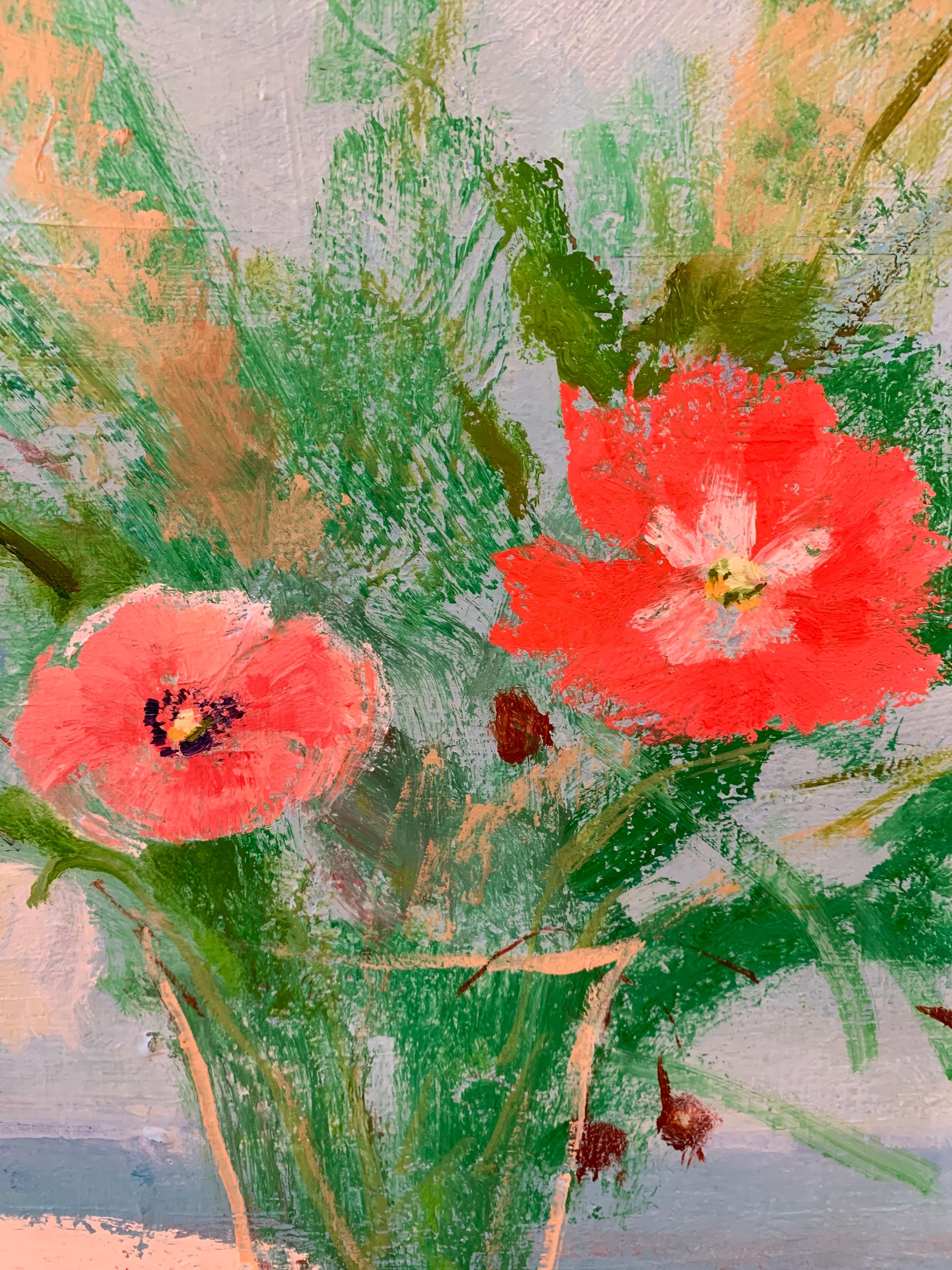 Red Stripe, impressionist floral still life oil painting, 2019 - Gray Still-Life Painting by Melanie Parke