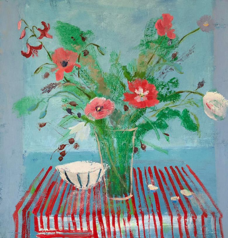 Melanie Parke Still-Life Painting - Red Stripe, impressionist floral still life oil painting, 2019