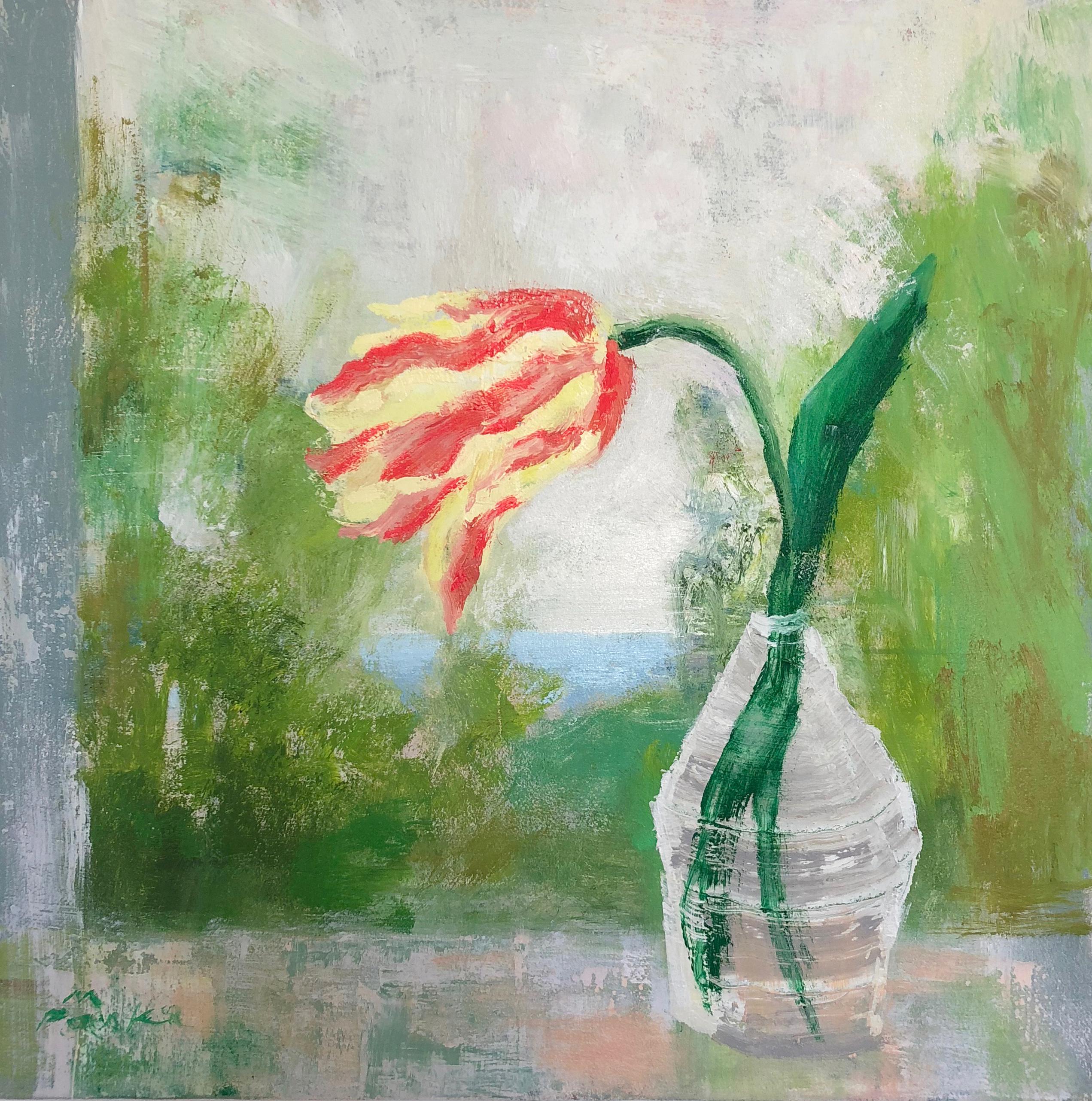 Melanie Parke infuses her impressionist still lifes with a hint of modernism, pairing down her subject to a collection of vibrant colors and energies. A play between interior and exterior, nature run rampant, and a single trimmed flower in a vase,